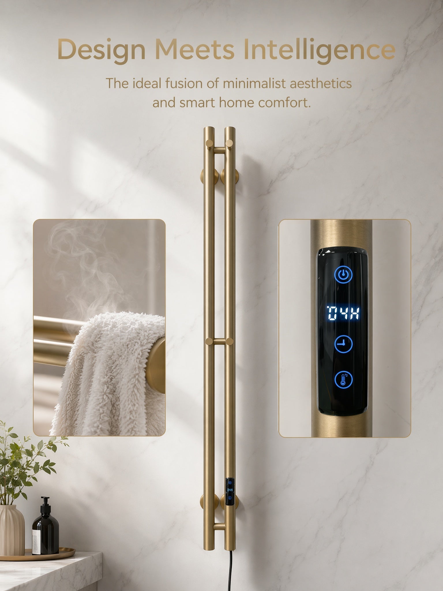 Smart Heated Towel Rack-Dual Bar Brushed Champagne Gold 120cm*9cm IPX5 Waterproof LED Touch Control