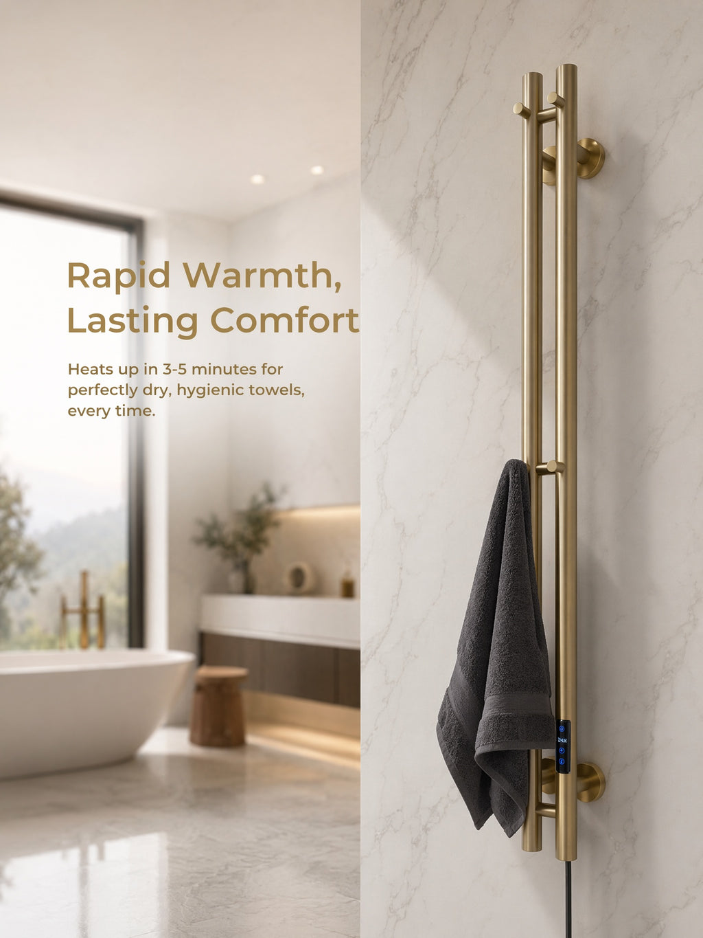 Smart Heated Towel Rack-Dual Bar Brushed Champagne Gold 120cm*9cm IPX5 Waterproof LED Touch Control