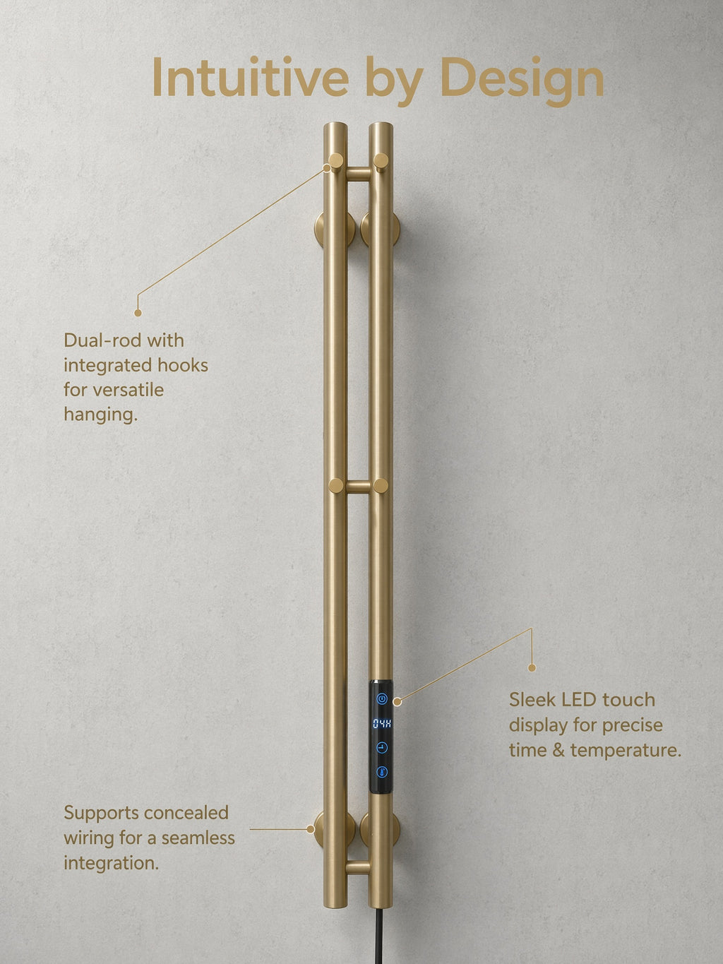 Smart Heated Towel Rack-Dual Bar Brushed Champagne Gold 120cm*9cm IPX5 Waterproof LED Touch Control