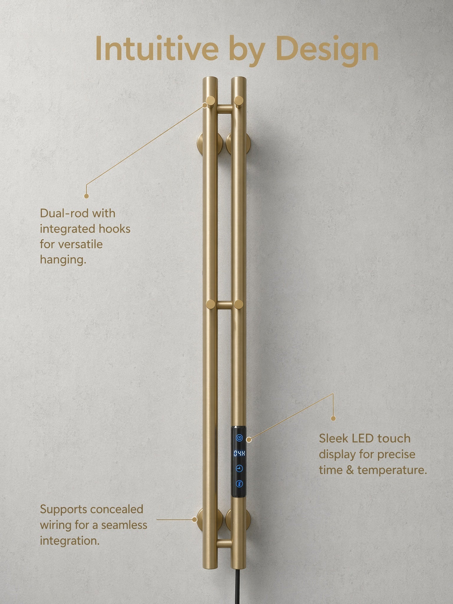Smart Heated Towel Rack-Dual Bar Brushed Champagne Gold 120cm*9cm IPX5 Waterproof LED Touch Control