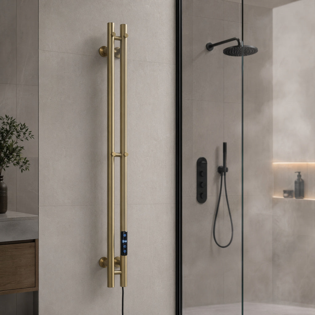 Smart Heated Towel Rack-Dual Bar Brushed Champagne Gold 120cm*9cm IPX5 Waterproof LED Touch Control