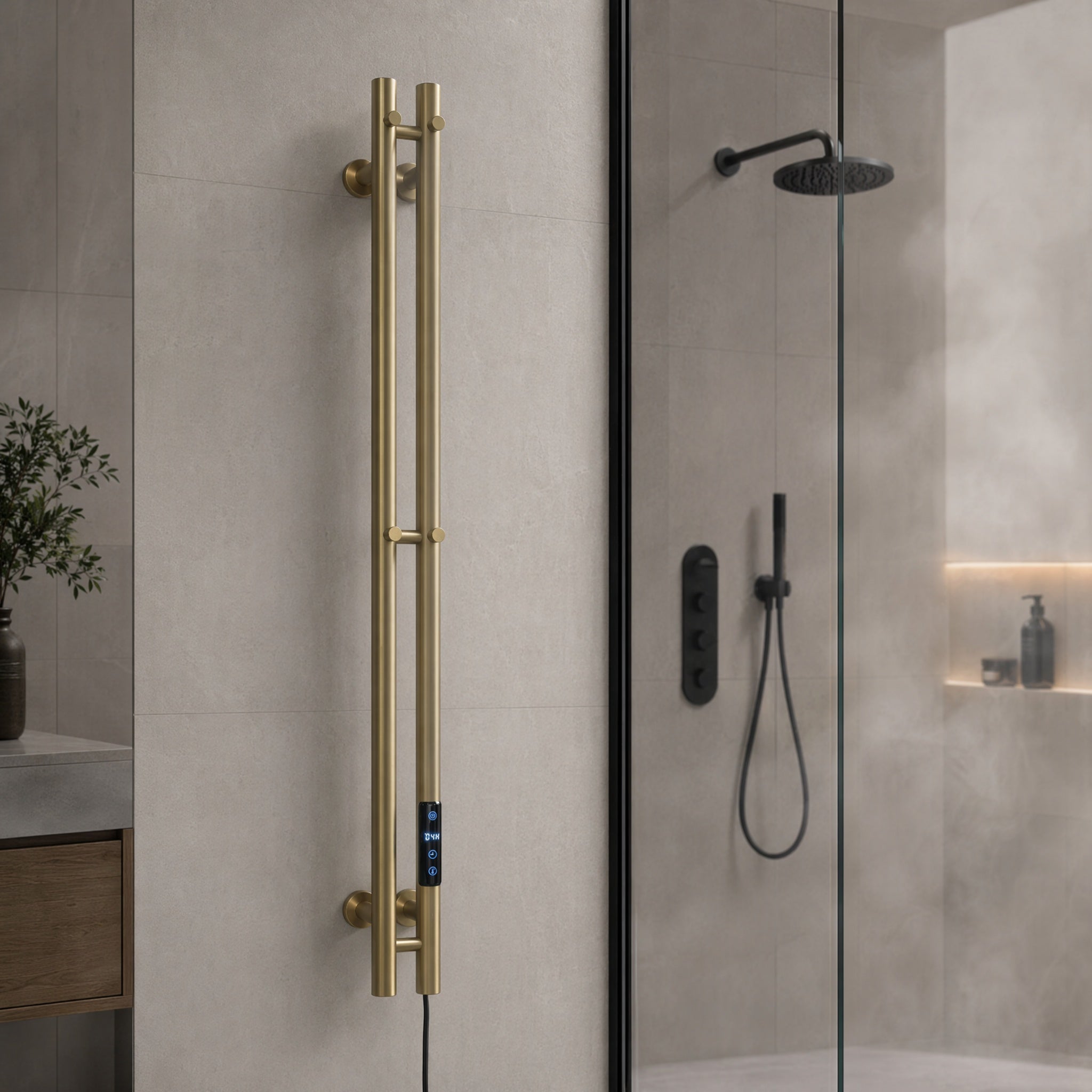 Smart Heated Towel Rack-Dual Bar Brushed Champagne Gold 120cm*9cm IPX5 Waterproof LED Touch Control
