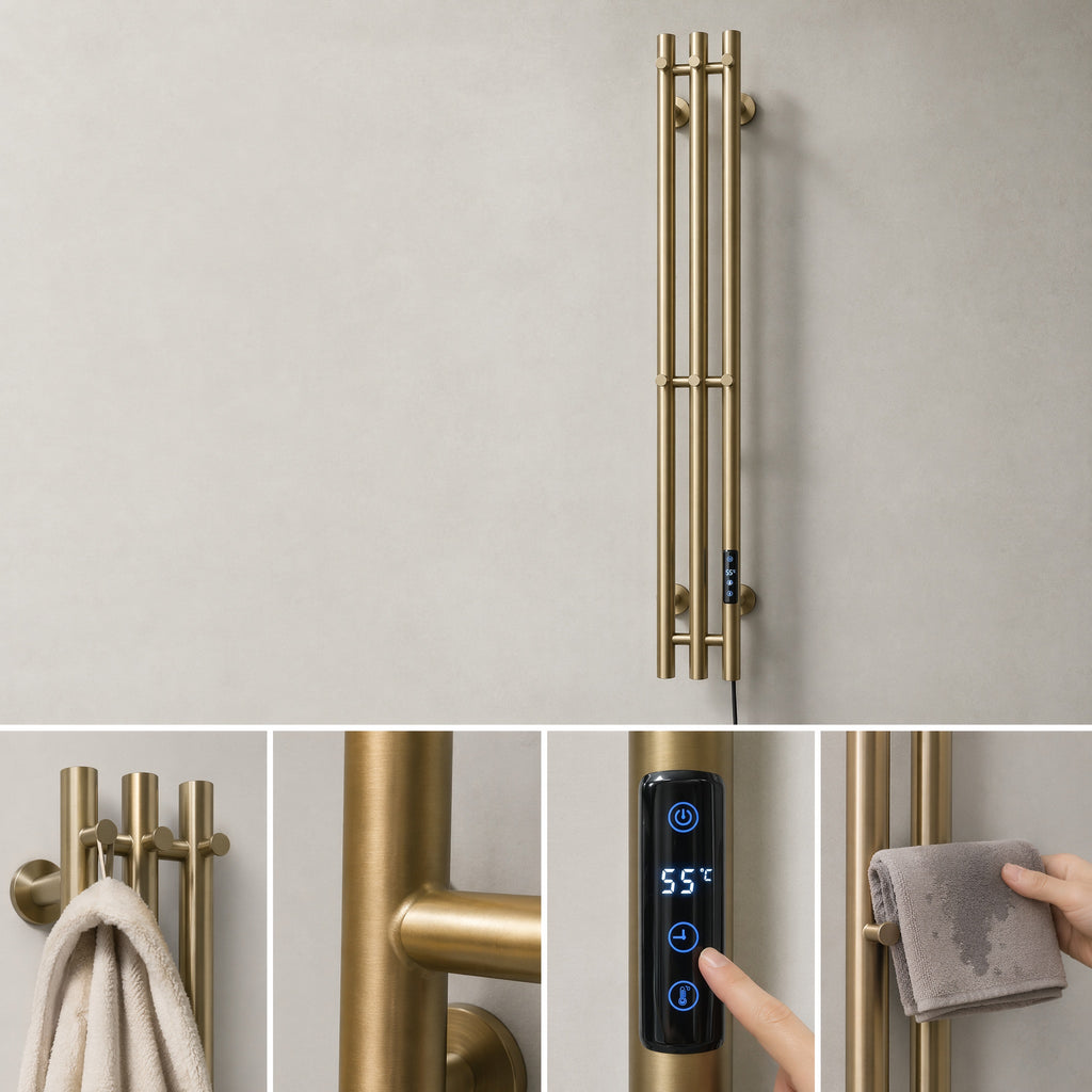 Modern Luxury Triple Bar Heated Towel Rack - Wall Mounted Brushed Champagne Gold LED Touch Control