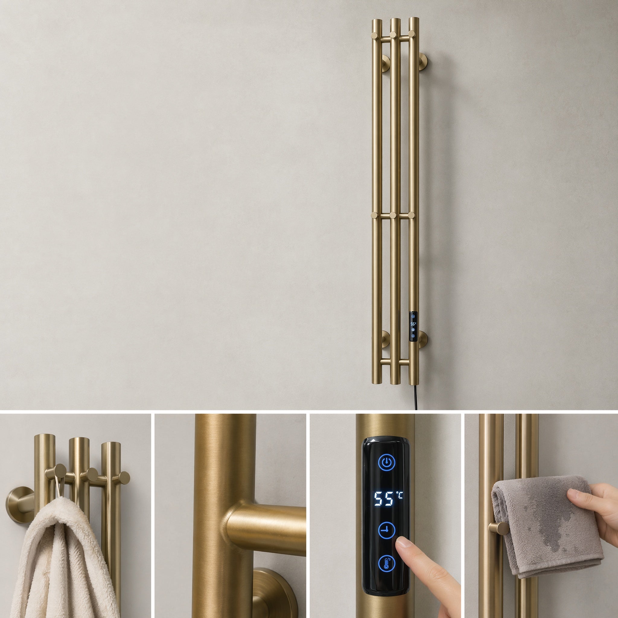 Modern Luxury Triple Bar Heated Towel Rack - Wall Mounted Brushed Champagne Gold LED Touch Control