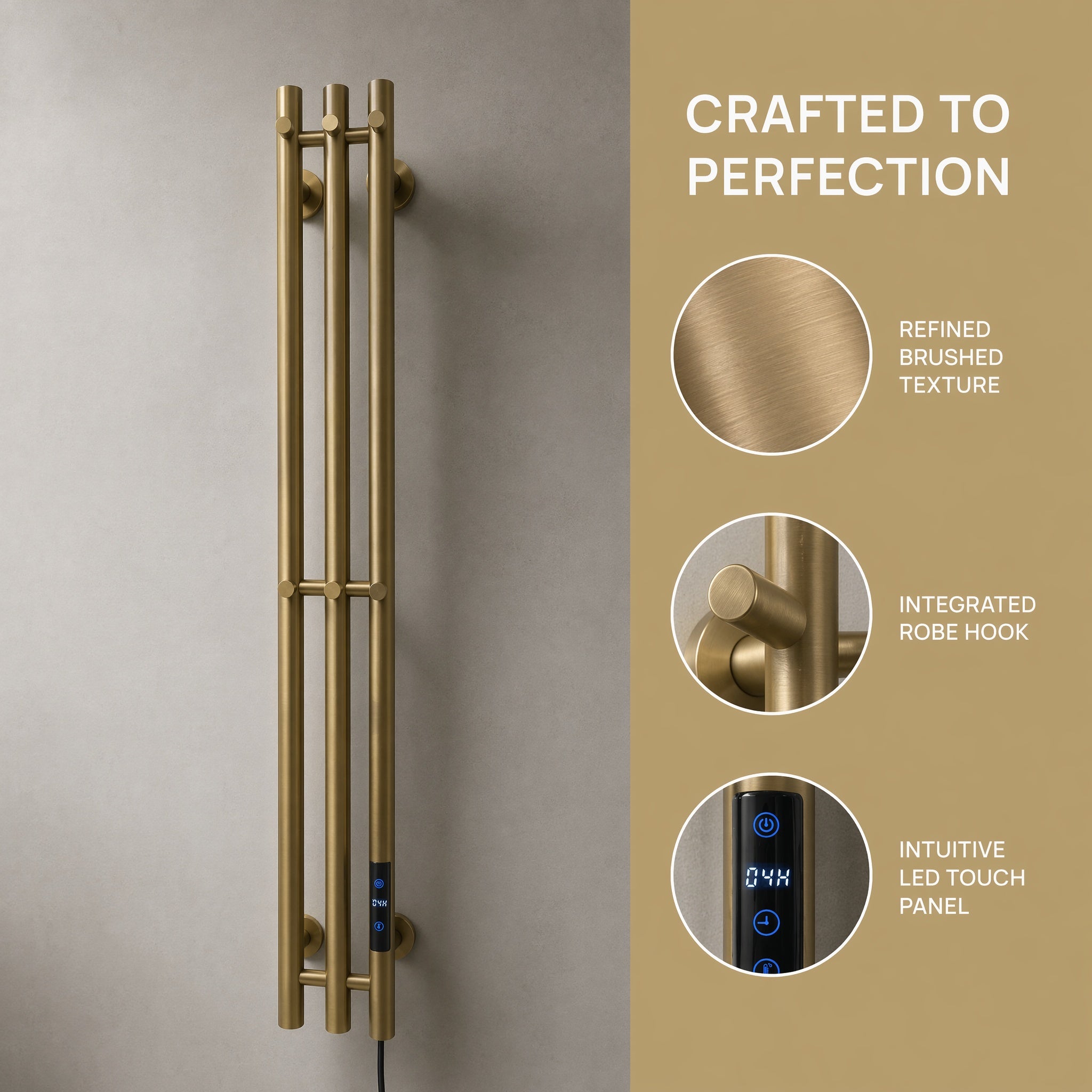 Modern Luxury Triple Bar Heated Towel Rack - Wall Mounted Brushed Champagne Gold LED Touch Control