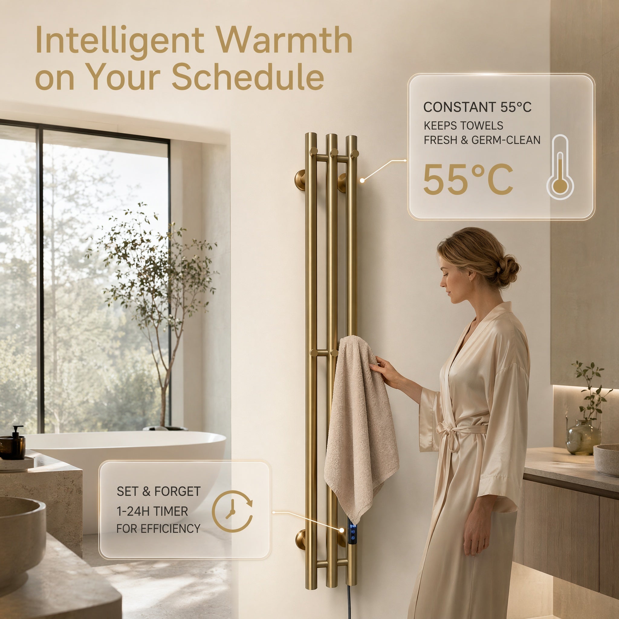 Modern Luxury Triple Bar Heated Towel Rack - Wall Mounted Brushed Champagne Gold LED Touch Control