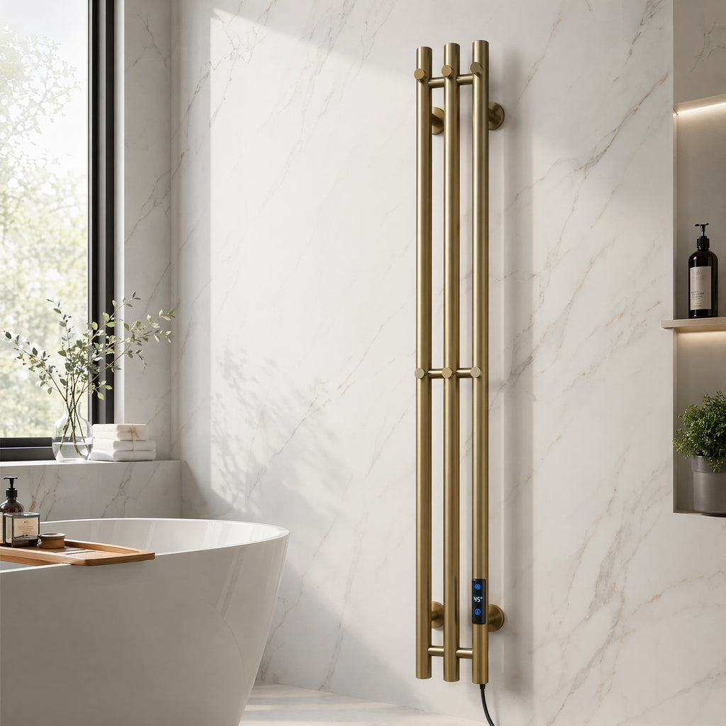 Modern Luxury Triple Bar Heated Towel Rack - Wall Mounted Brushed Champagne Gold LED Touch Control