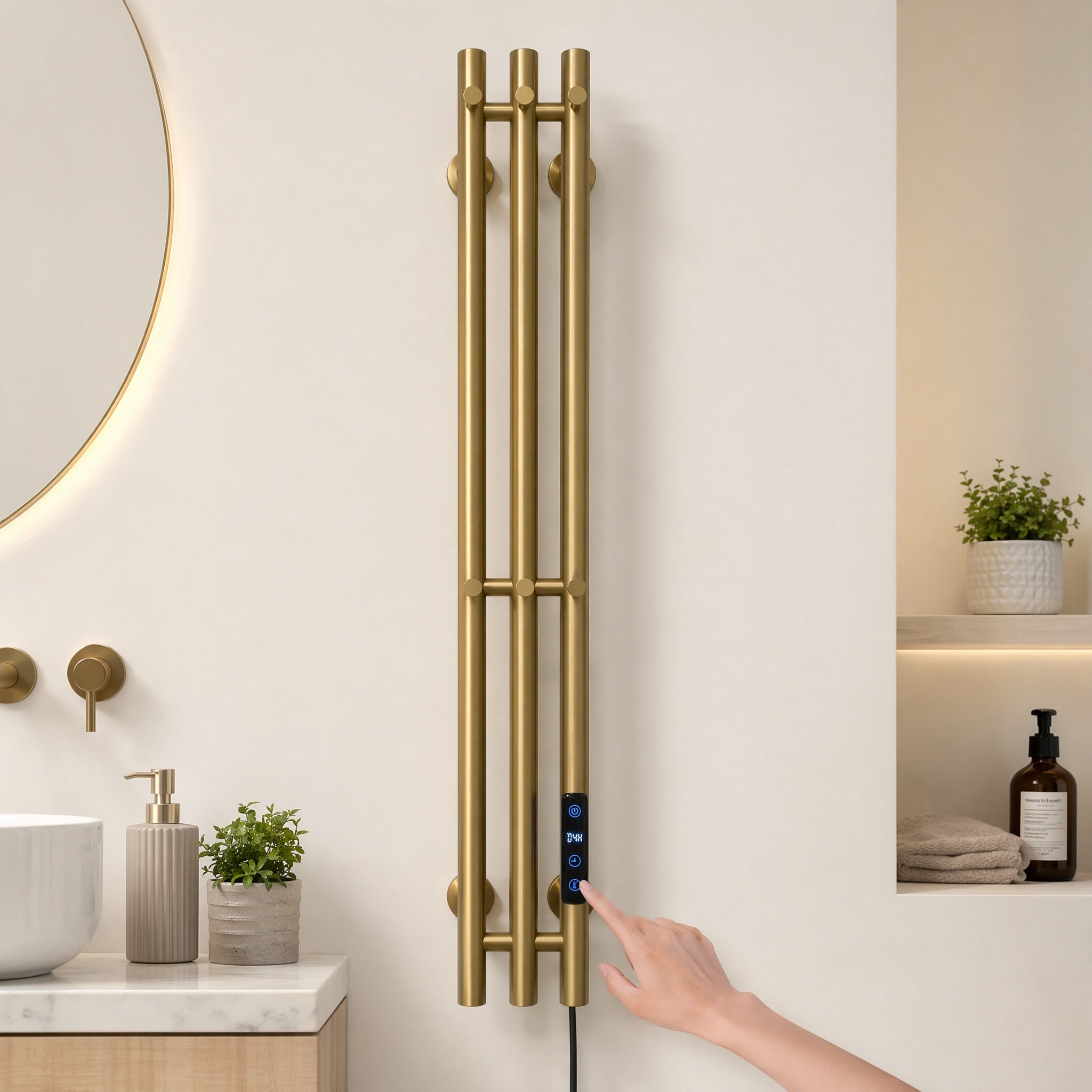 Modern Luxury Triple Bar Heated Towel Rack - Wall Mounted Brushed Champagne Gold LED Touch Control
