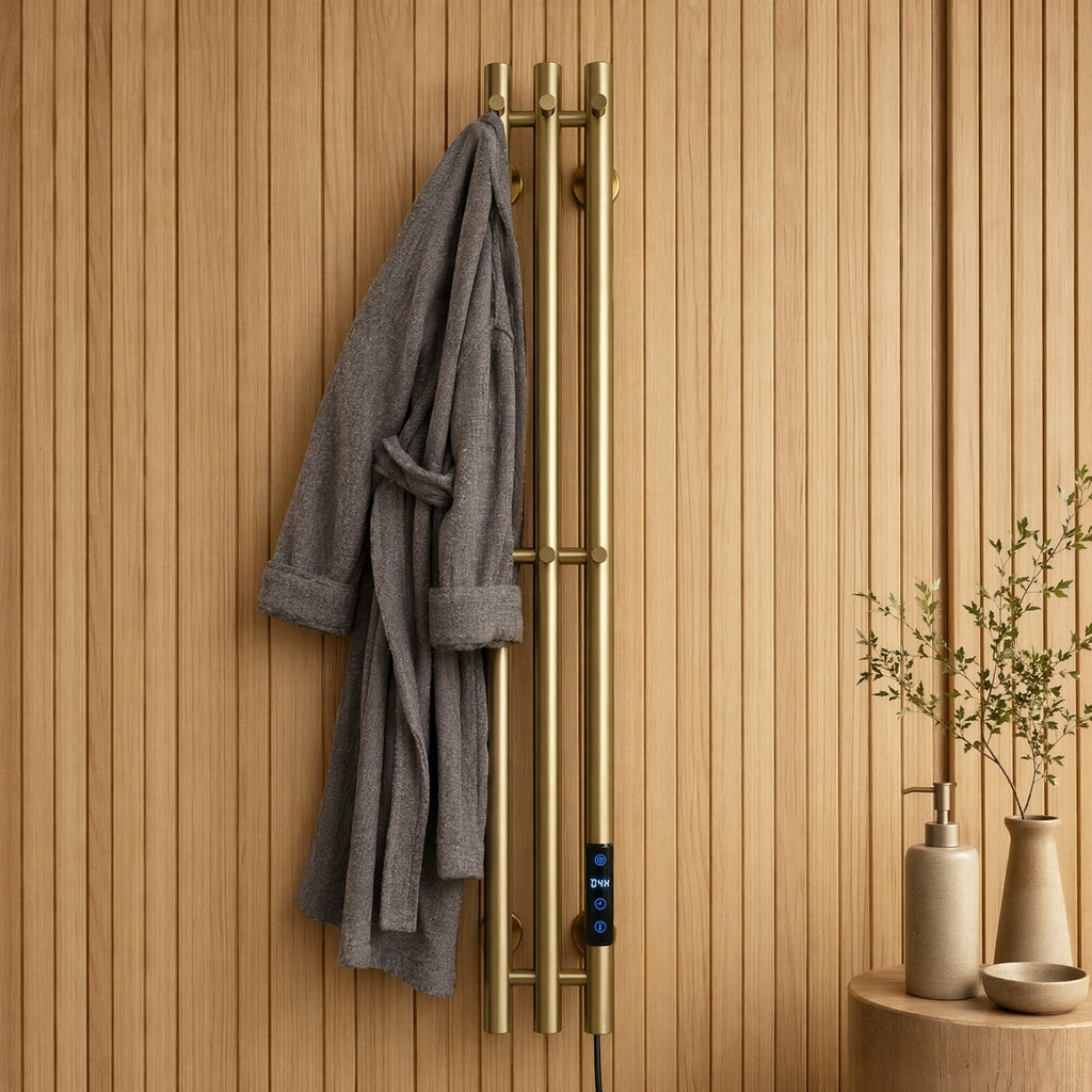 Modern Luxury Triple Bar Heated Towel Rack - Wall Mounted Brushed Champagne Gold LED Touch Control