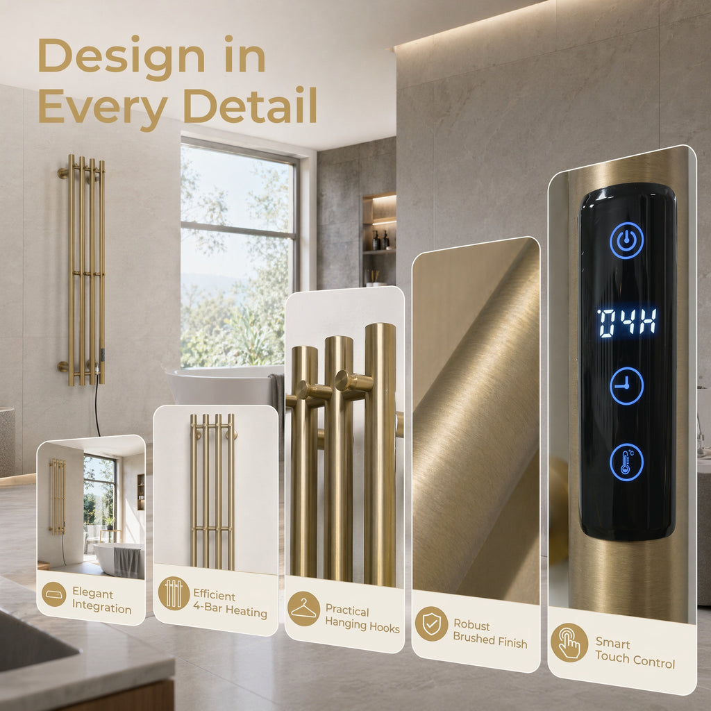 Luxury Electric Towel Warmer - 4-Tube Stainless Steel Gold IPX5 Waterproof Smart Heating