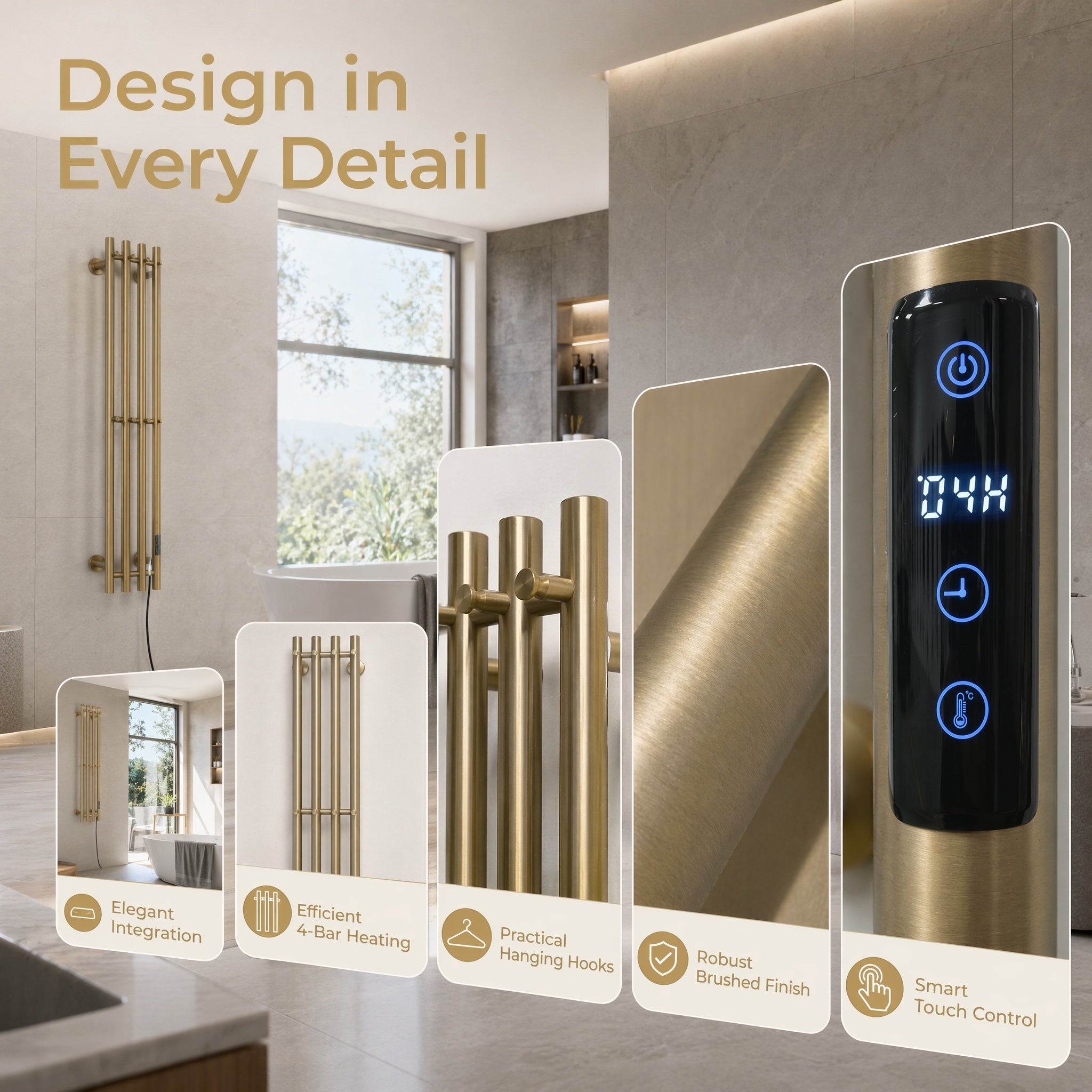 Luxury Electric Towel Warmer - 4-Tube Stainless Steel Gold IPX5 Waterproof Smart Heating
