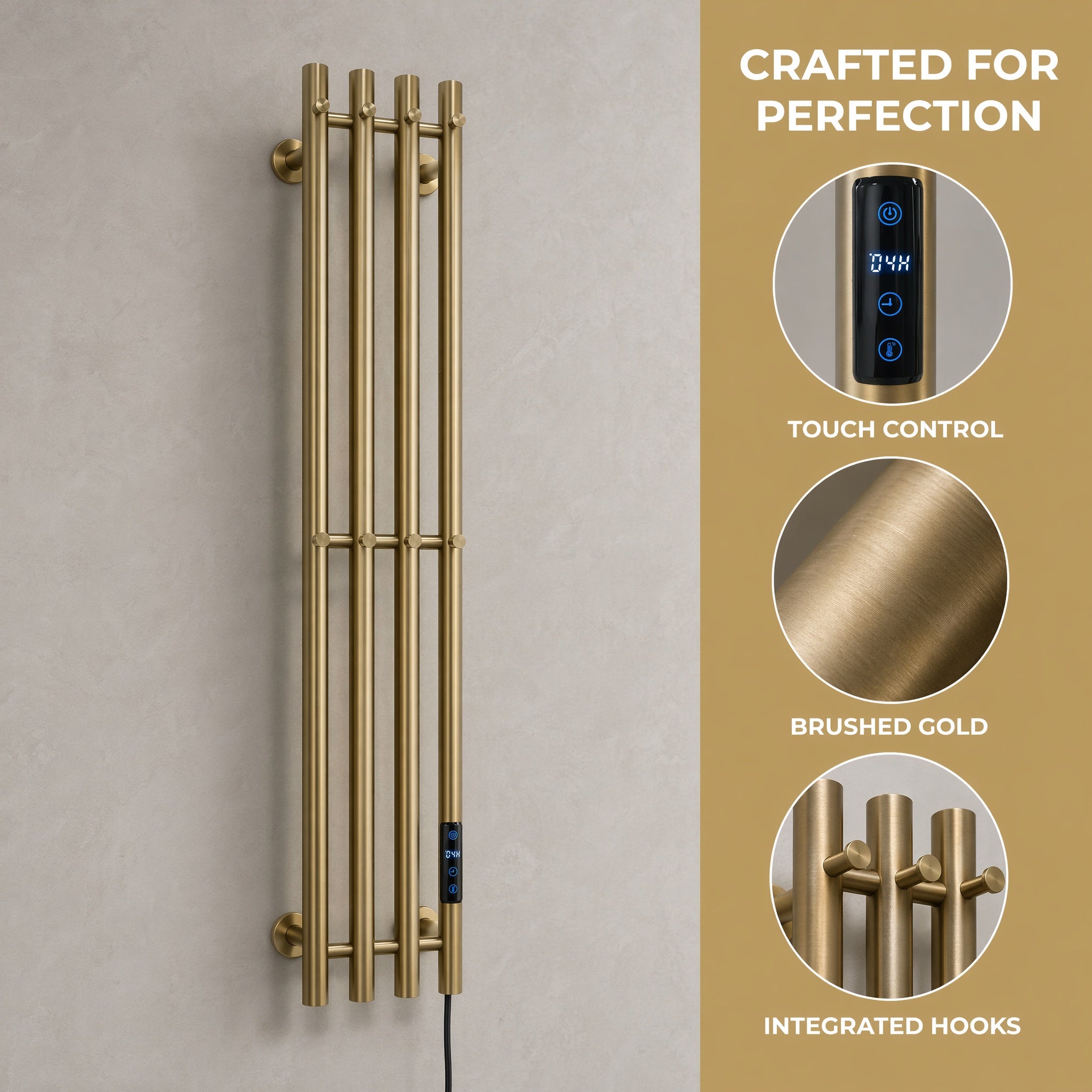 Luxury Electric Towel Warmer - 4-Tube Stainless Steel Gold IPX5 Waterproof Smart Heating