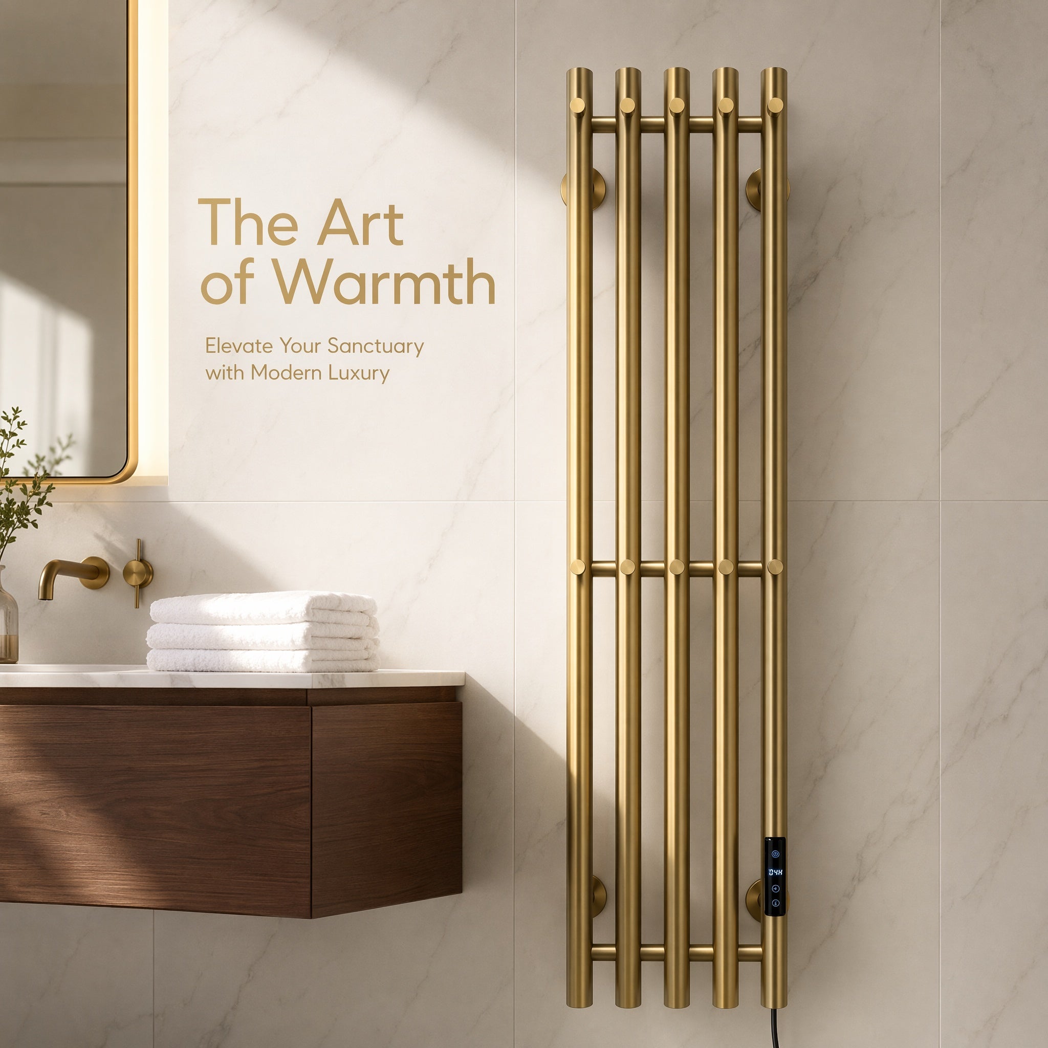 Wall Mounted Heated Towel Rack for Bathroom - 5-Bar Brushed Gold with Smart LED 45-70°C IPX5