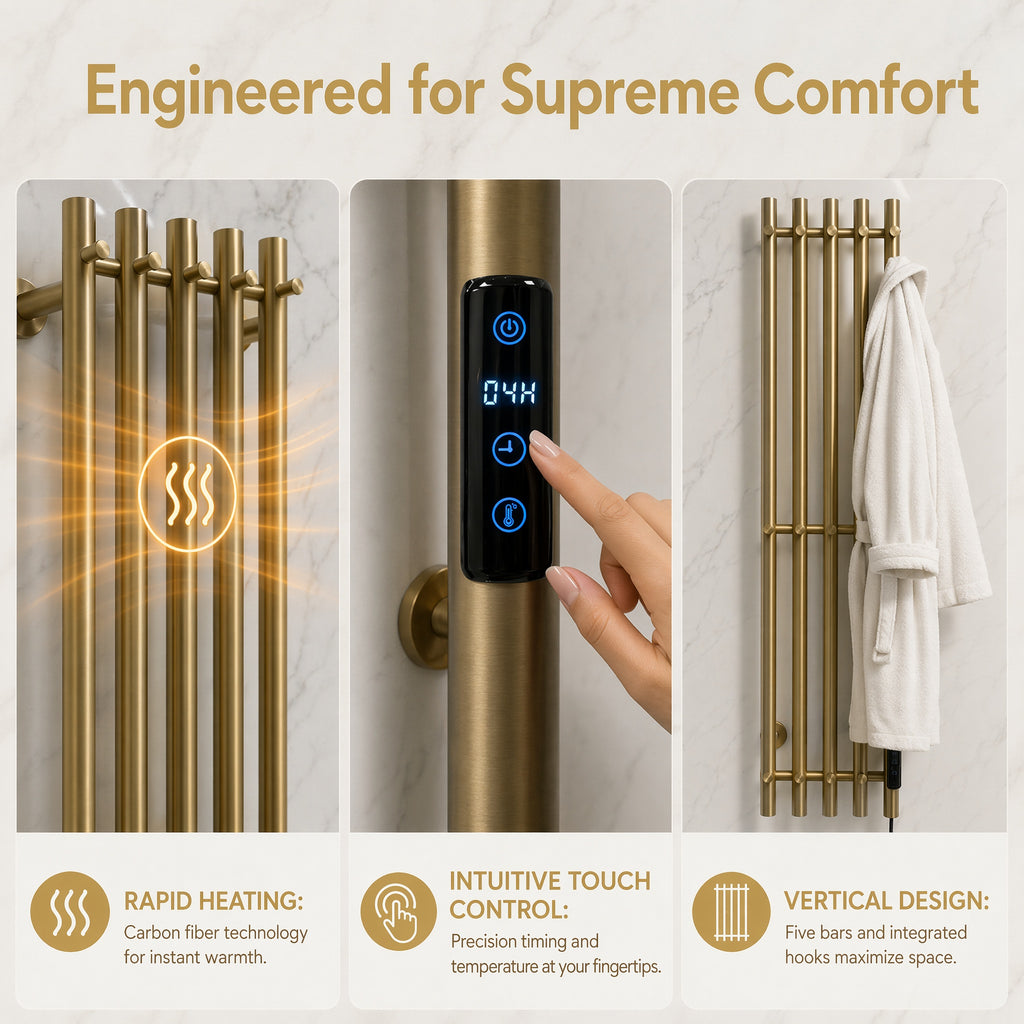 Wall Mounted Heated Towel Rack for Bathroom - 5-Bar Brushed Gold with Smart LED 45-70°C IPX5