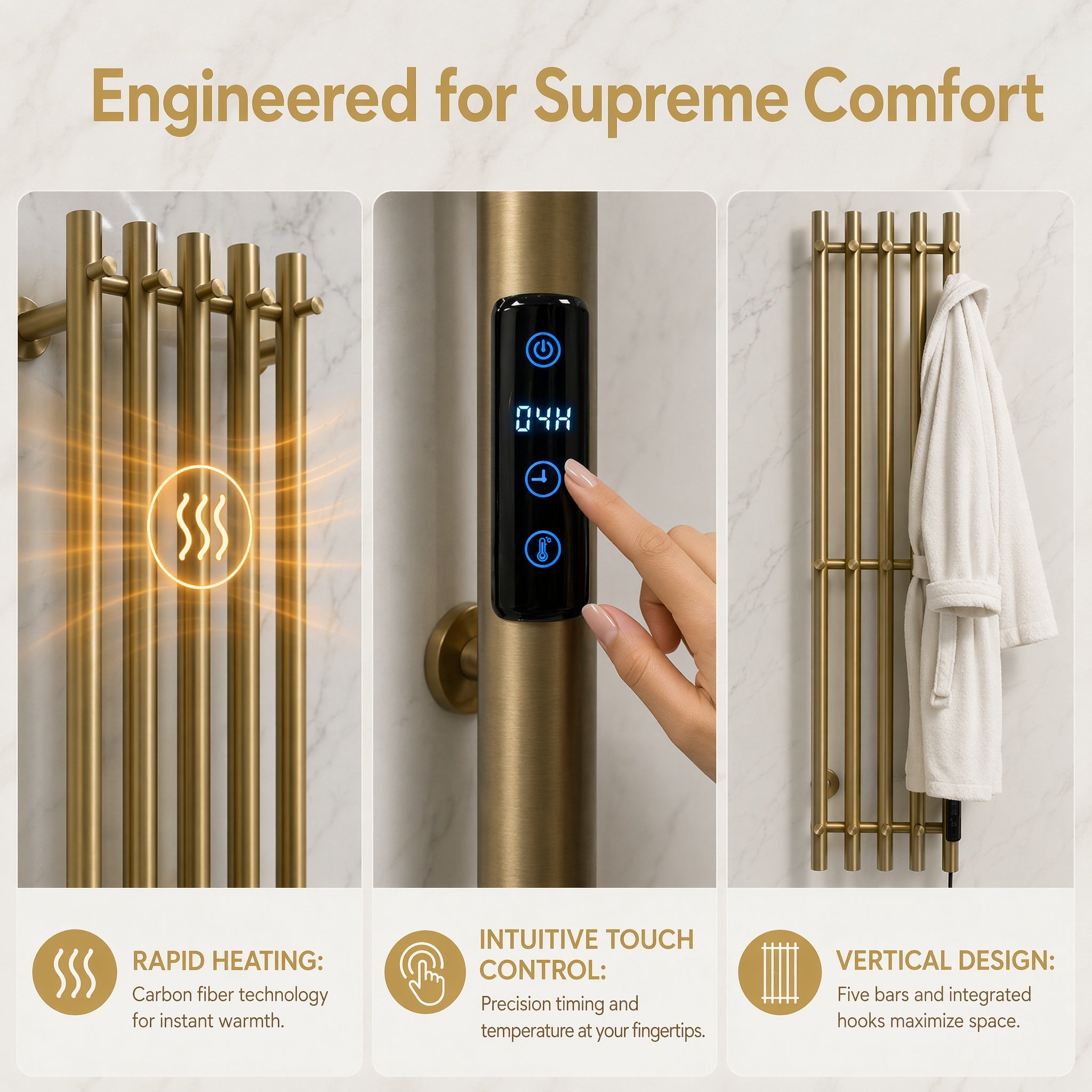Wall Mounted Heated Towel Rack for Bathroom - 5-Bar Brushed Gold with Smart LED 45-70°C IPX5
