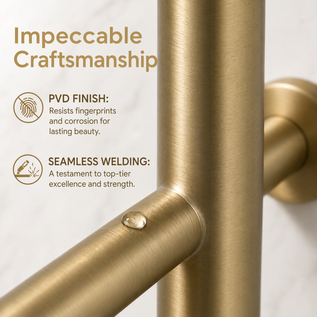 Wall Mounted Heated Towel Rack for Bathroom - 5-Bar Brushed Gold with Smart LED 45-70°C IPX5