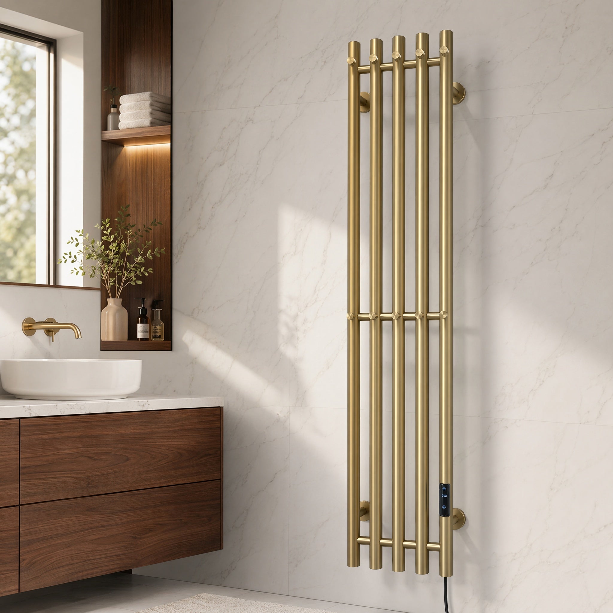 Wall Mounted Heated Towel Rack for Bathroom - 5-Bar Brushed Gold with Smart LED 45-70°C IPX5