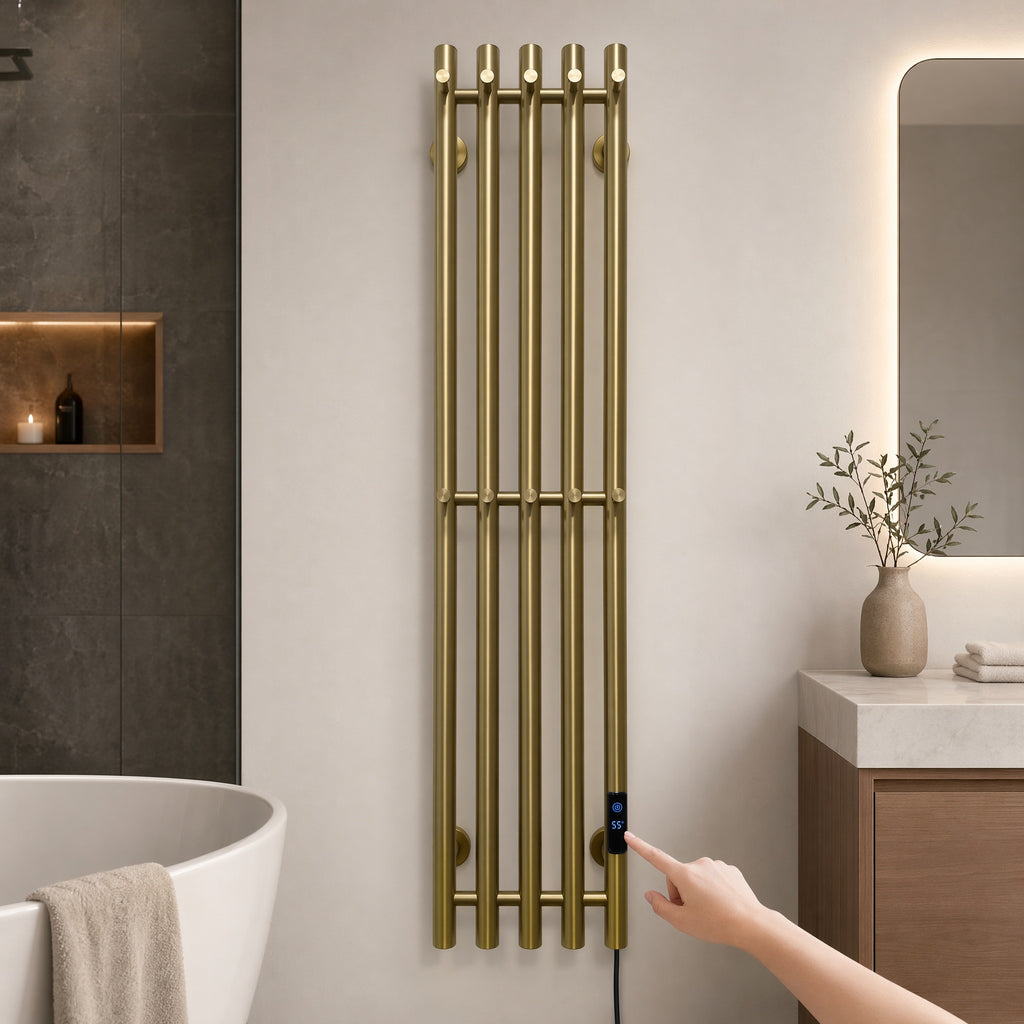 Wall Mounted Heated Towel Rack for Bathroom - 5-Bar Brushed Gold with Smart LED 45-70°C IPX5