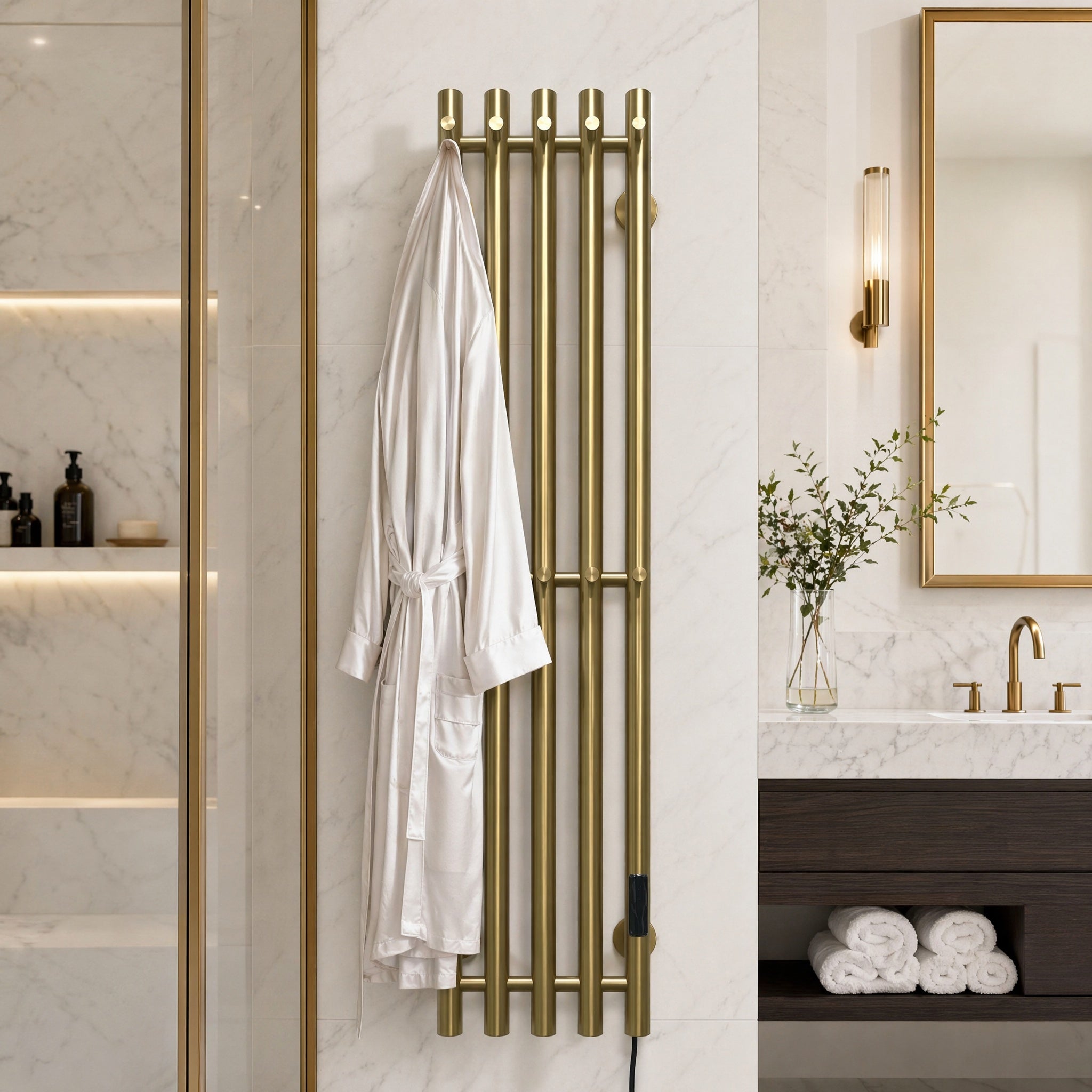 Wall Mounted Heated Towel Rack for Bathroom - 5-Bar Brushed Gold with Smart LED 45-70°C IPX5