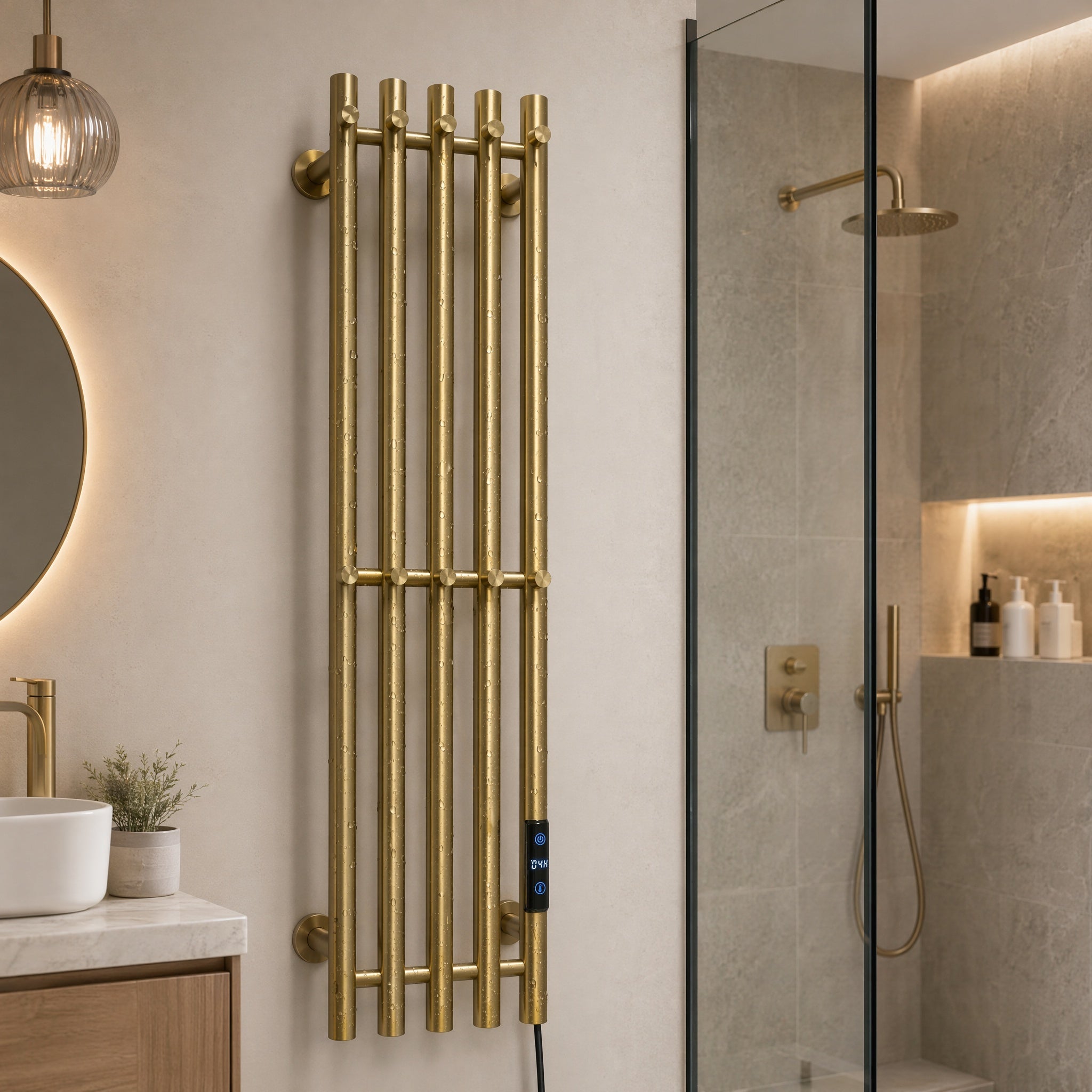 Wall Mounted Heated Towel Rack for Bathroom - 5-Bar Brushed Gold with Smart LED 45-70°C IPX5