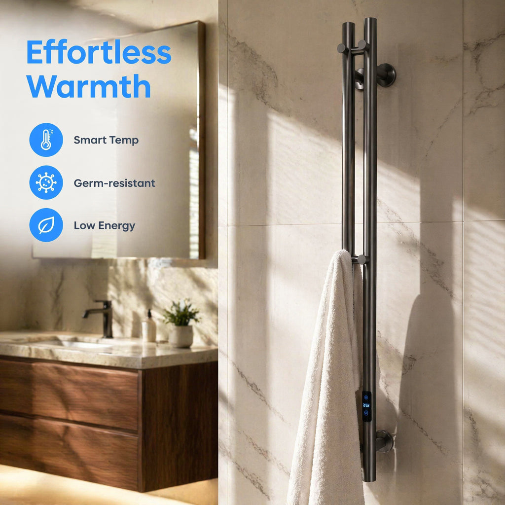 Modern Wall-Mounted Smart Electric Heated Towel Rail - Vertical 4-Bar Design Gun Grey LCD Touch Control