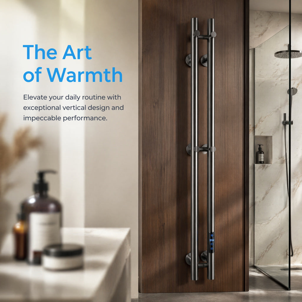 Modern Wall-Mounted Smart Electric Heated Towel Rail - Vertical 4-Bar Design Gun Grey LCD Touch Control