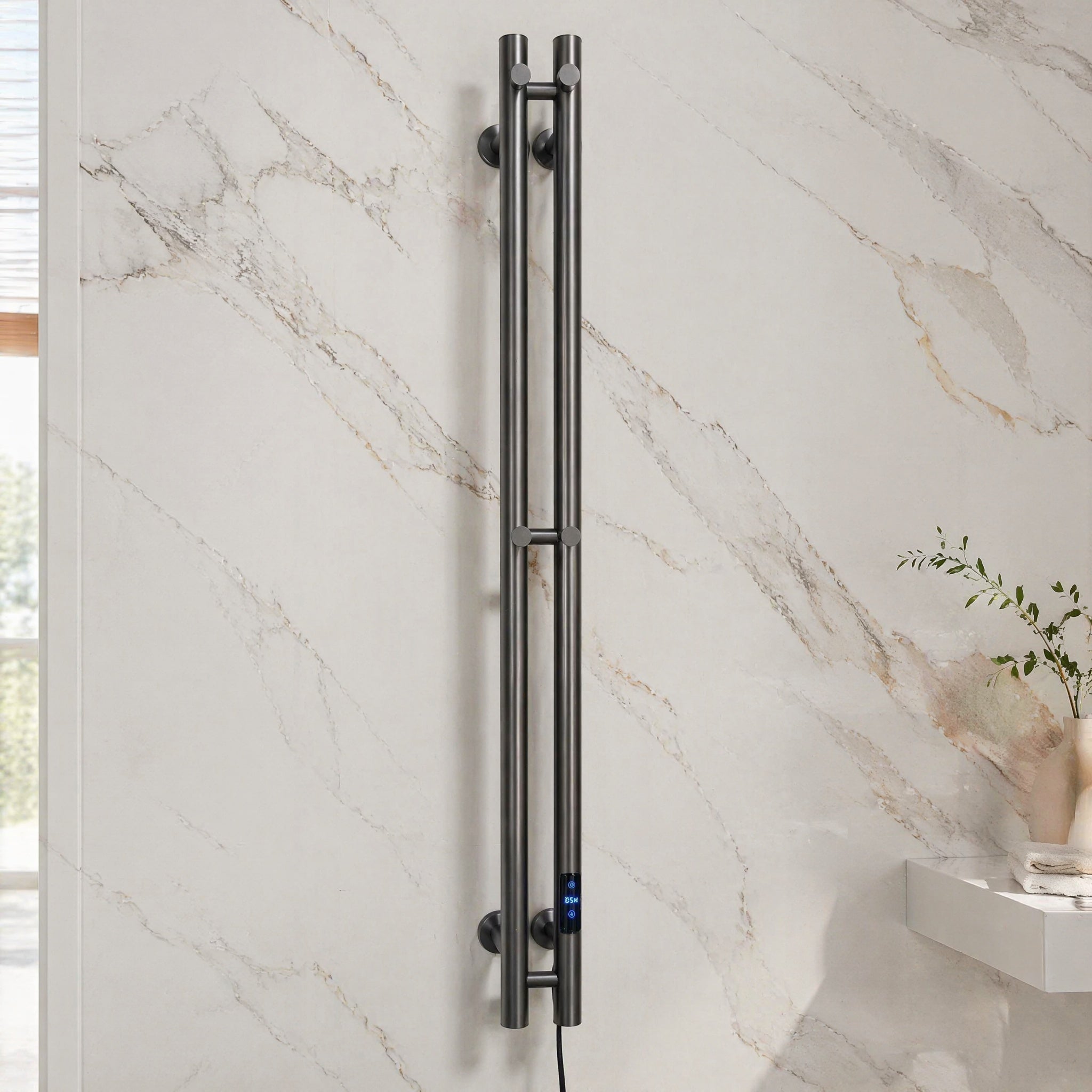Modern Wall-Mounted Smart Electric Heated Towel Rail - Vertical 4-Bar Design Gun Grey LCD Touch Control