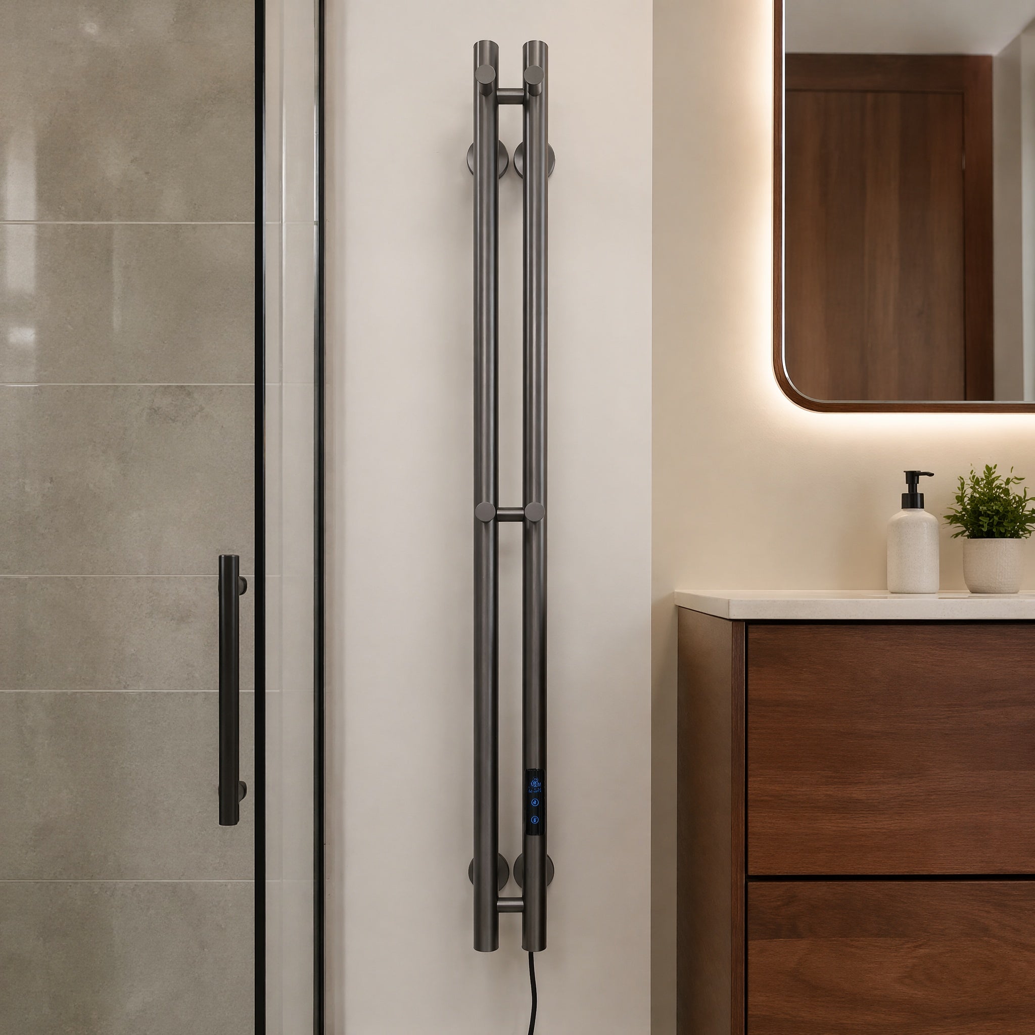 Modern Wall-Mounted Smart Electric Heated Towel Rail - Vertical 4-Bar Design Gun Grey LCD Touch Control