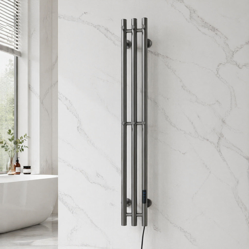 Premium 3-Bar Towel Warmer — Smart Timer IPX5 Waterproof Matte Gun Metal Grey PVD Stainless Steel LED Display