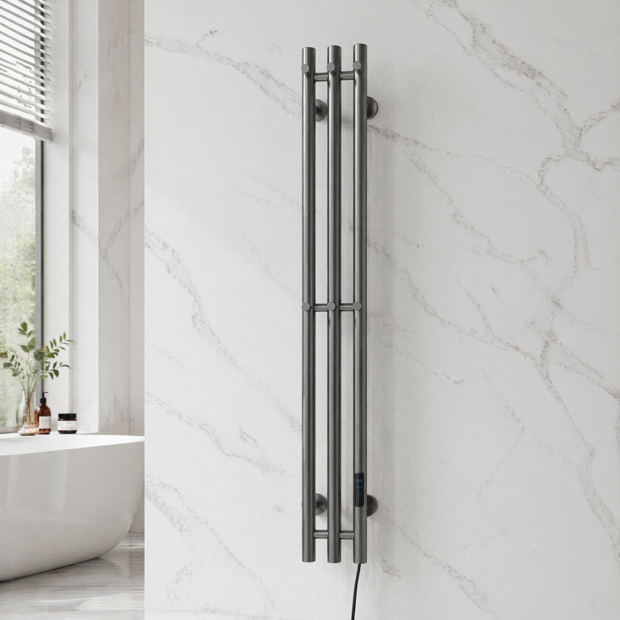 Premium 3-Bar Towel Warmer — Smart Timer IPX5 Waterproof Matte Gun Metal Grey PVD Stainless Steel LED Display