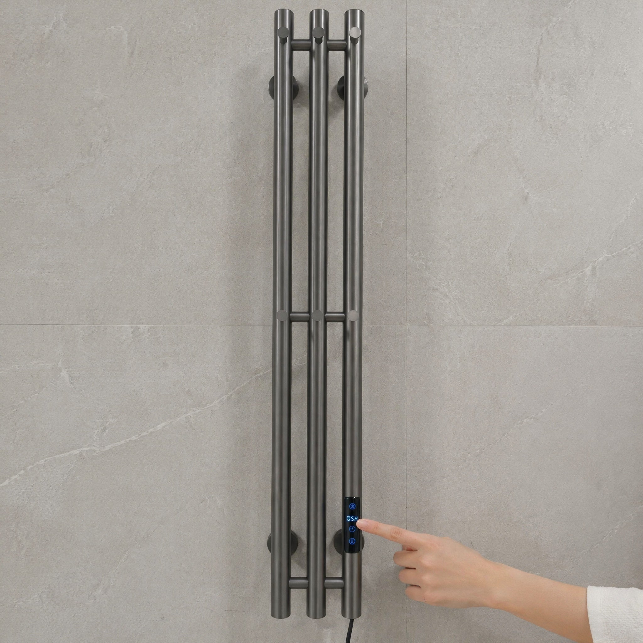 Premium 3-Bar Towel Warmer — Smart Timer IPX5 Waterproof Matte Gun Metal Grey PVD Stainless Steel LED Display