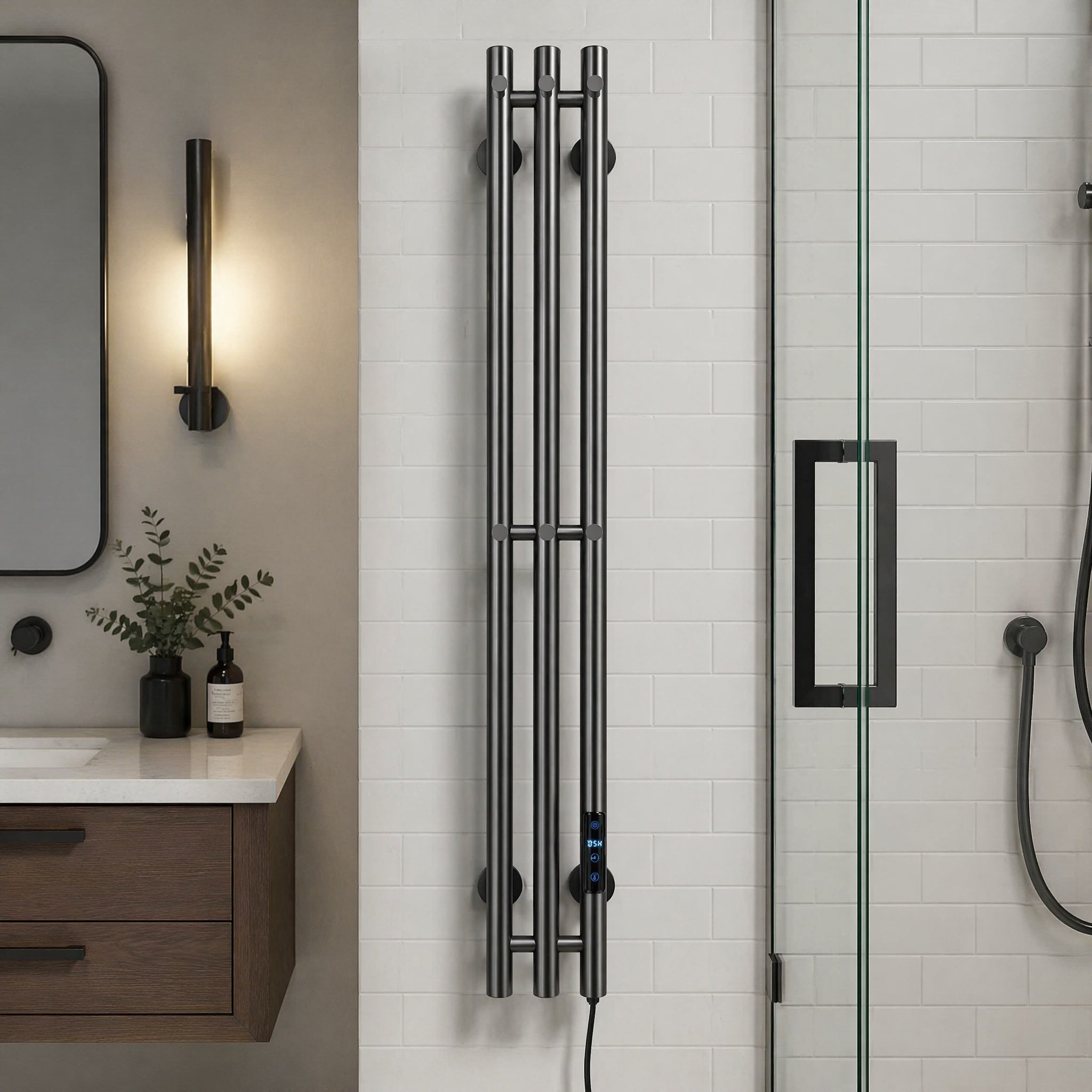 Premium 3-Bar Towel Warmer — Smart Timer IPX5 Waterproof Matte Gun Metal Grey PVD Stainless Steel LED Display