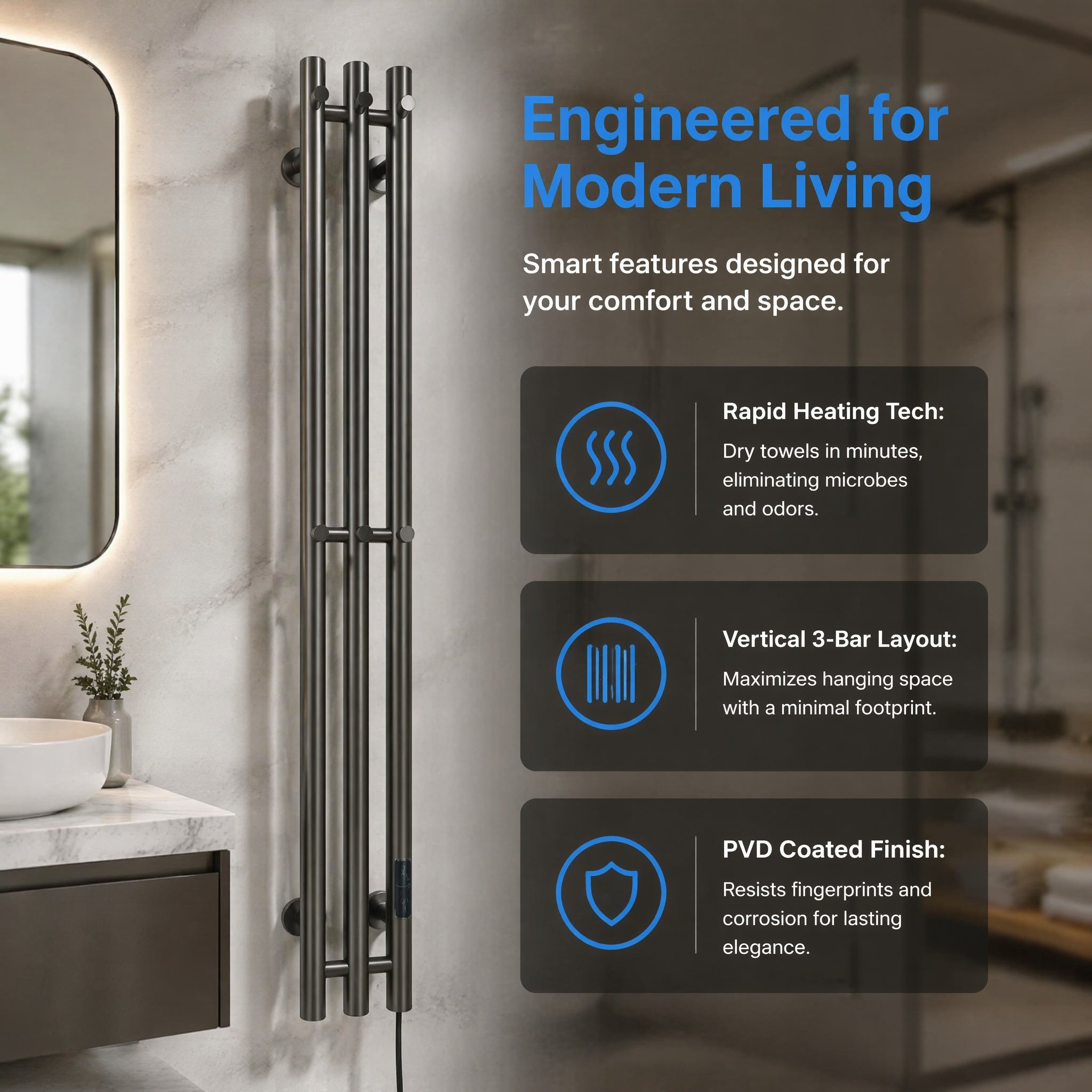 Premium 3-Bar Towel Warmer — Smart Timer IPX5 Waterproof Matte Gun Metal Grey PVD Stainless Steel LED Display