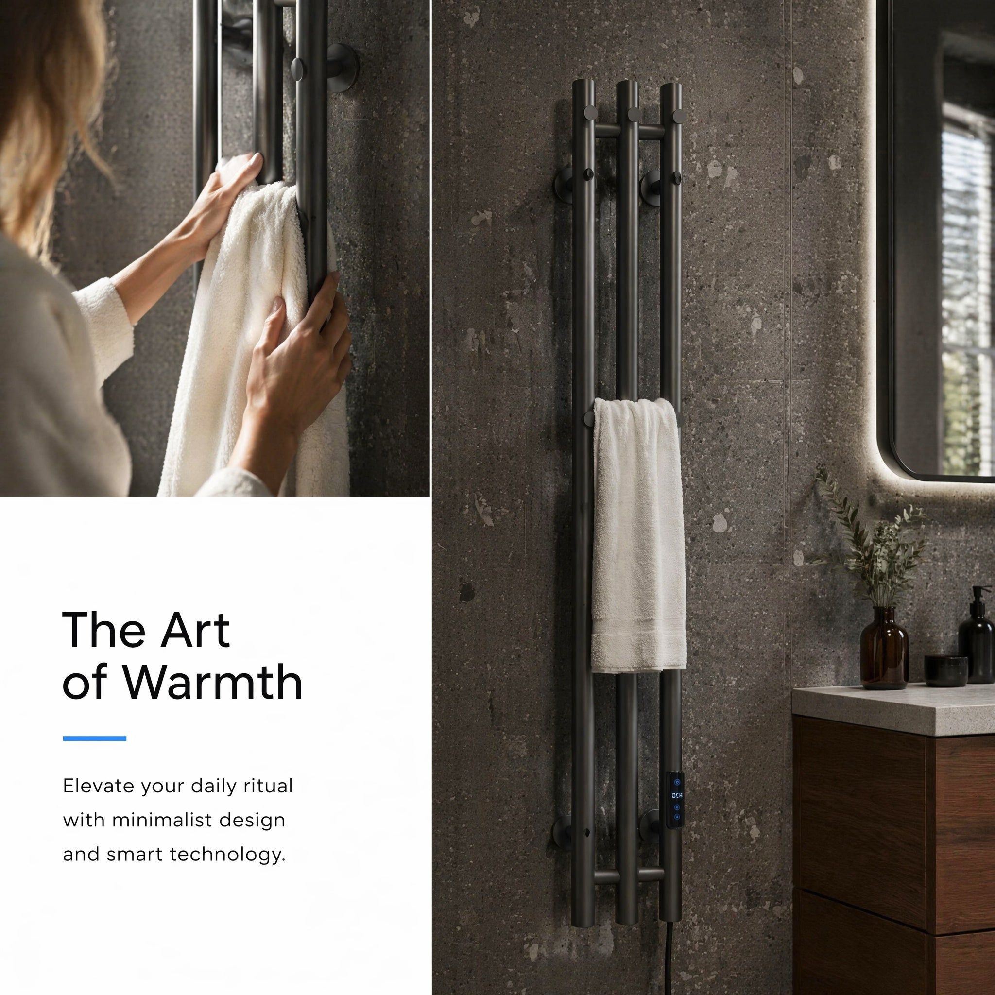 Premium 3-Bar Towel Warmer — Smart Timer IPX5 Waterproof Matte Gun Metal Grey PVD Stainless Steel LED Display