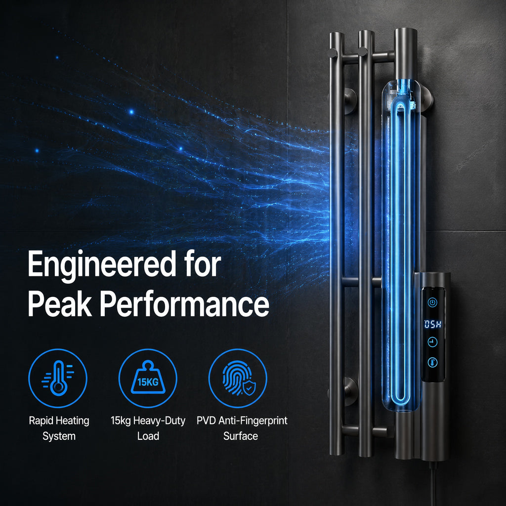 Premium 3-Bar Towel Warmer — Smart Timer IPX5 Waterproof Matte Gun Metal Grey PVD Stainless Steel LED Display