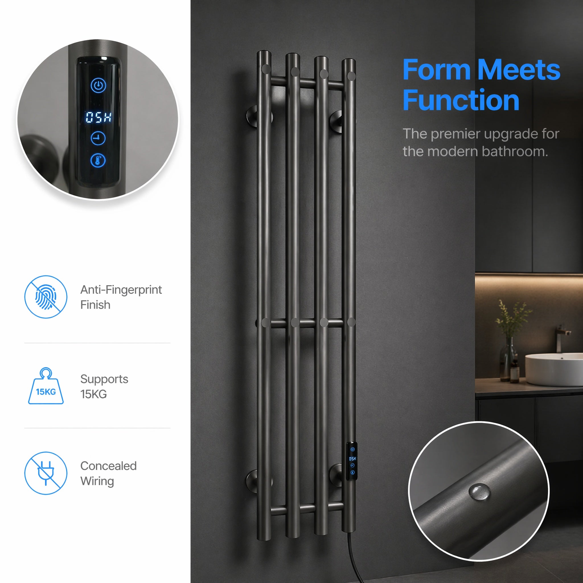 Modern Wall-Mounted Electric Heated Towel Rail - 4-Bar Vertical Design Gun Metal Grey LCD Touch Control