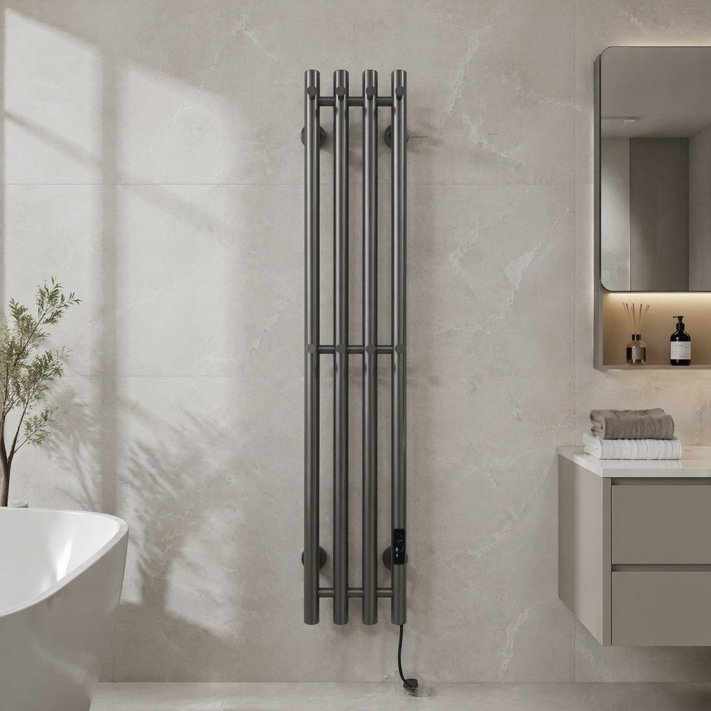 Modern Wall-Mounted Electric Heated Towel Rail - 4-Bar Vertical Design Gun Metal Grey LCD Touch Control