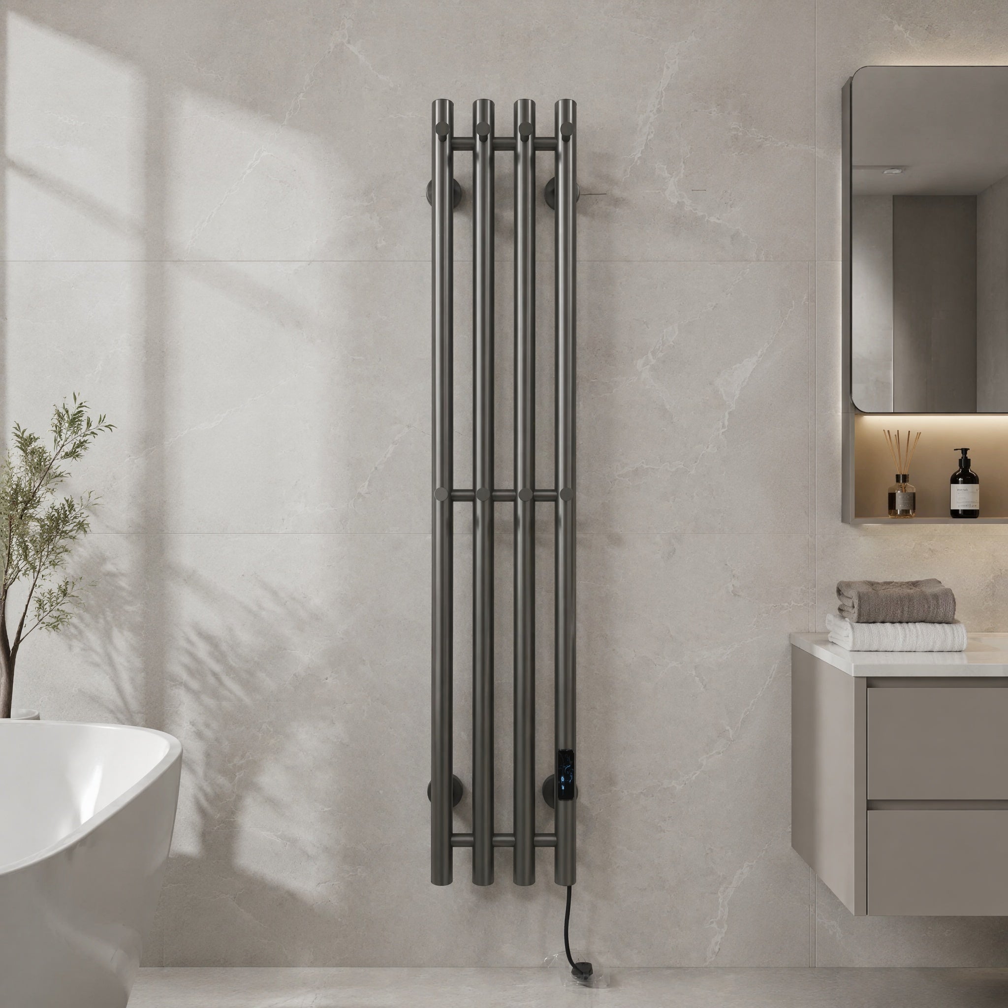Modern Wall-Mounted Electric Heated Towel Rail - 4-Bar Vertical Design Gun Metal Grey LCD Touch Control