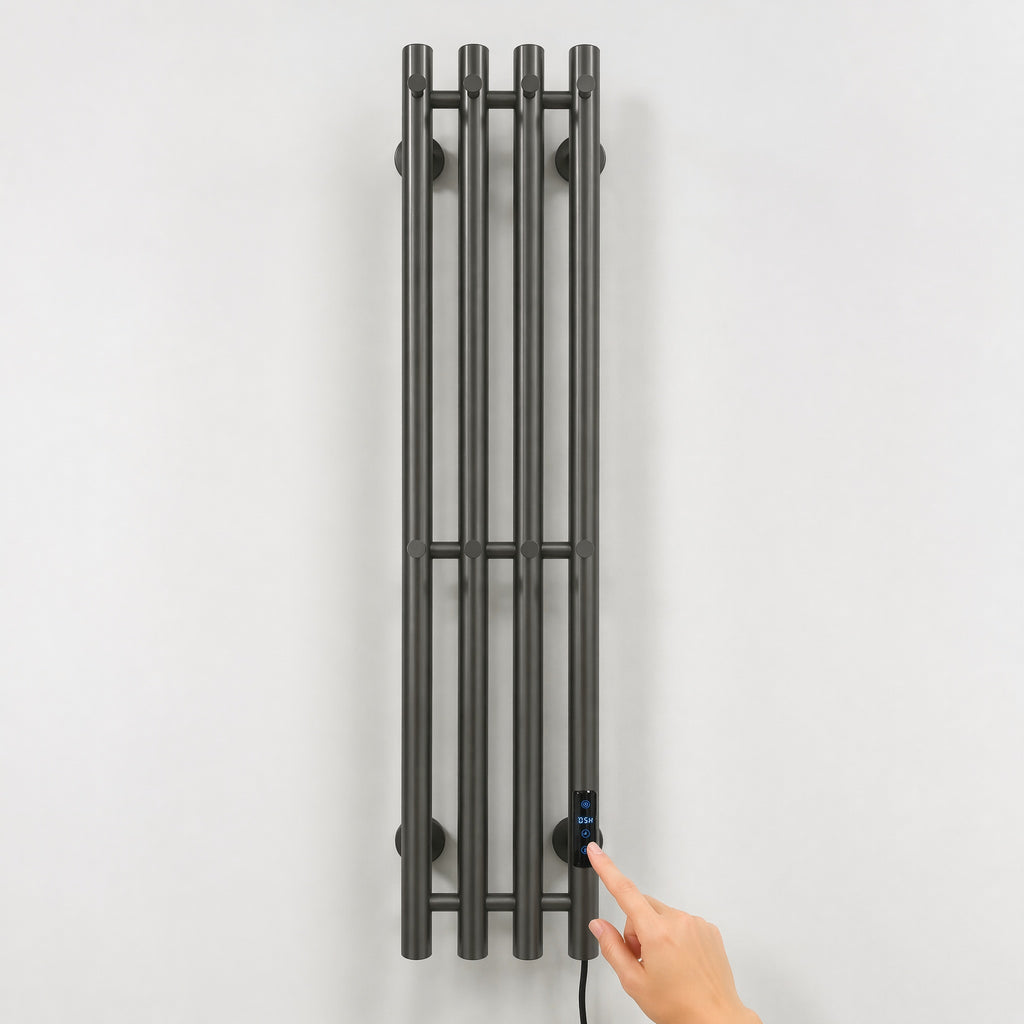 Modern Wall-Mounted Electric Heated Towel Rail - 4-Bar Vertical Design Gun Metal Grey LCD Touch Control