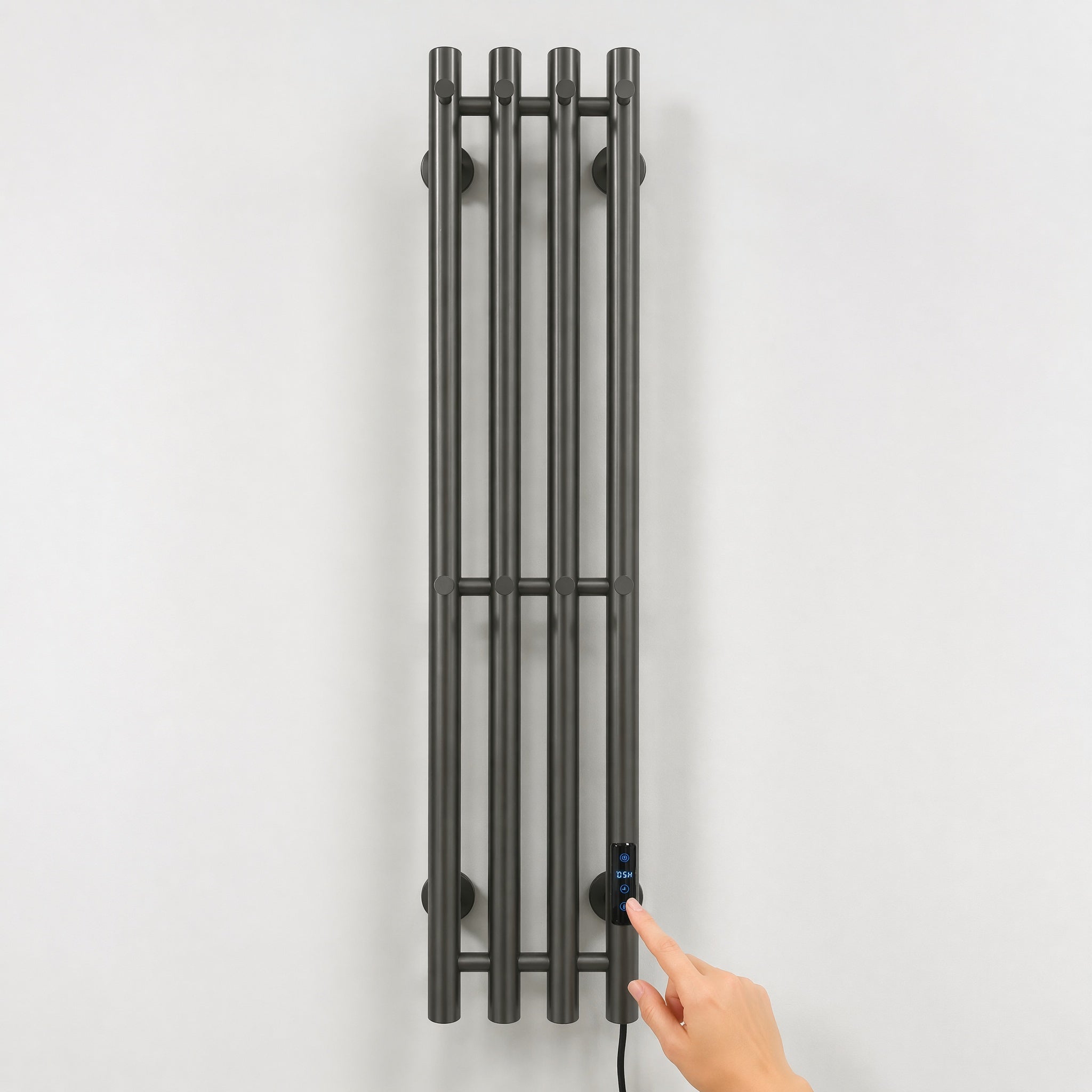 Modern Wall-Mounted Electric Heated Towel Rail - 4-Bar Vertical Design Gun Metal Grey LCD Touch Control