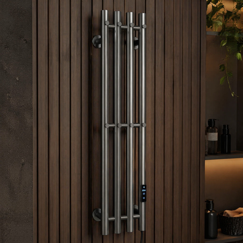 Modern Wall-Mounted Electric Heated Towel Rail - 4-Bar Vertical Design Gun Metal Grey LCD Touch Control