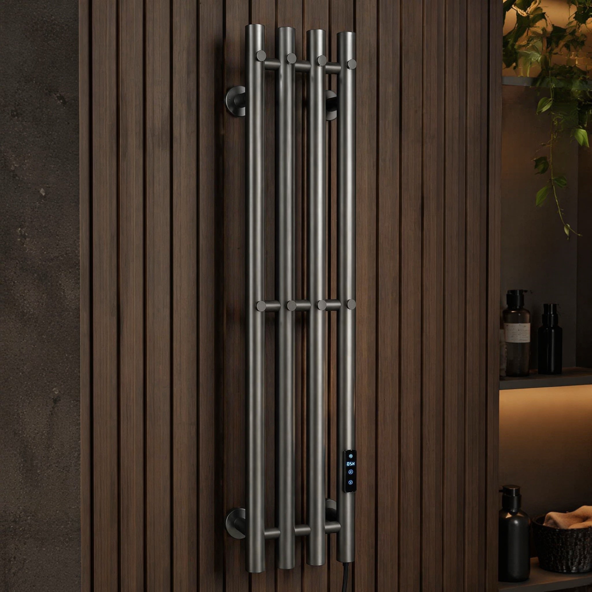 Modern Wall-Mounted Electric Heated Towel Rail - 4-Bar Vertical Design Gun Metal Grey LCD Touch Control