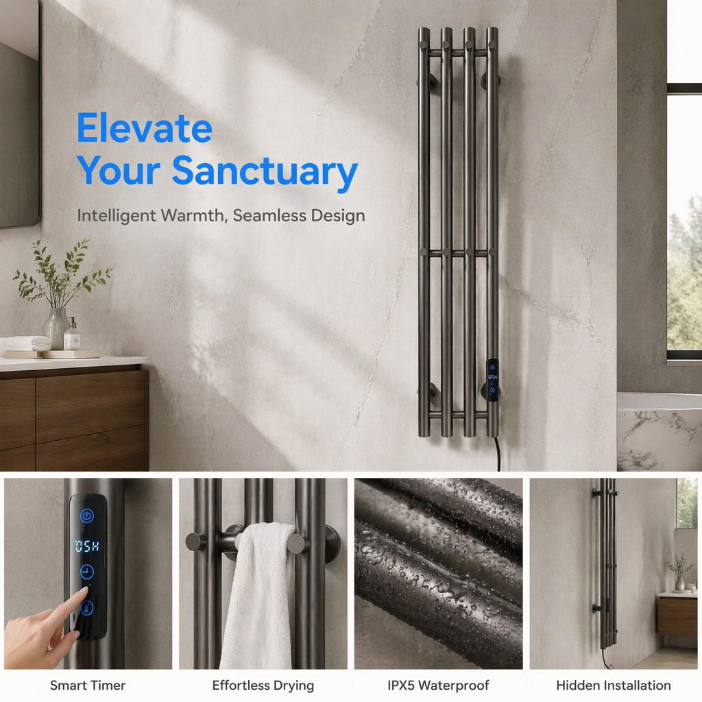 Modern Wall-Mounted Electric Heated Towel Rail - 4-Bar Vertical Design Gun Metal Grey LCD Touch Control
