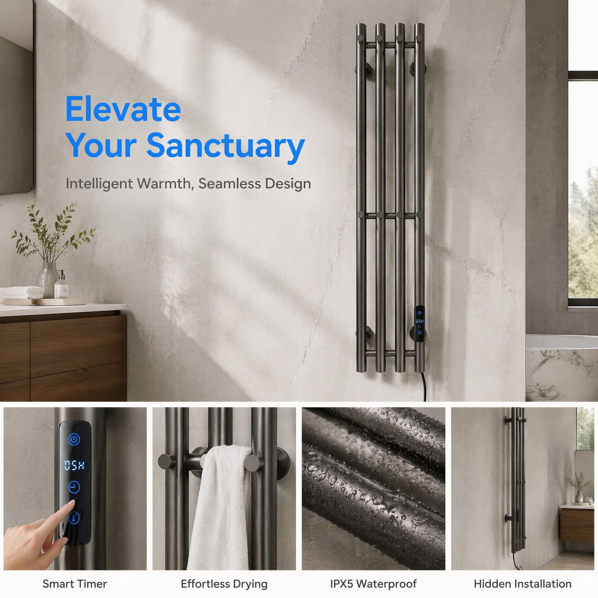 Modern Wall-Mounted Electric Heated Towel Rail - 4-Bar Vertical Design Gun Metal Grey LCD Touch Control