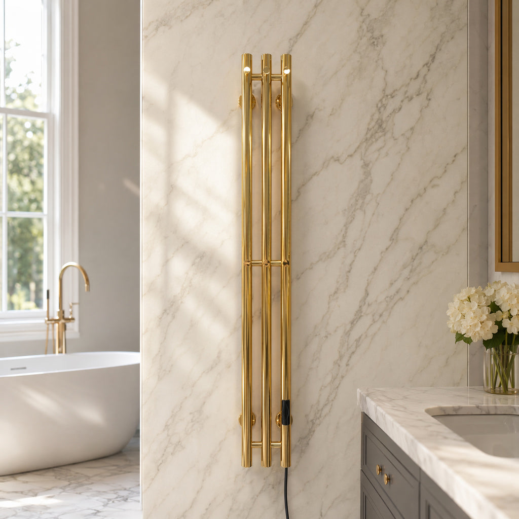 Modern Luxury Triple Bar Heated Towel Rack - Wall Mounted Brushed Champagne Gold LED Touch Control