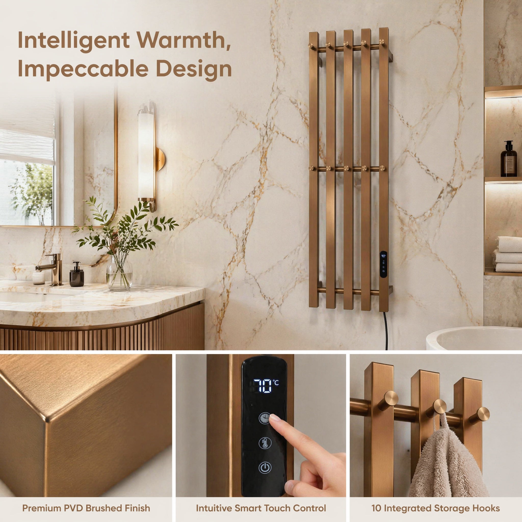 Modern Bathroom Electric Towel Rack - 5-Bar Wall Mounted Smart LED Control Hidden Wire Design 30-70°C