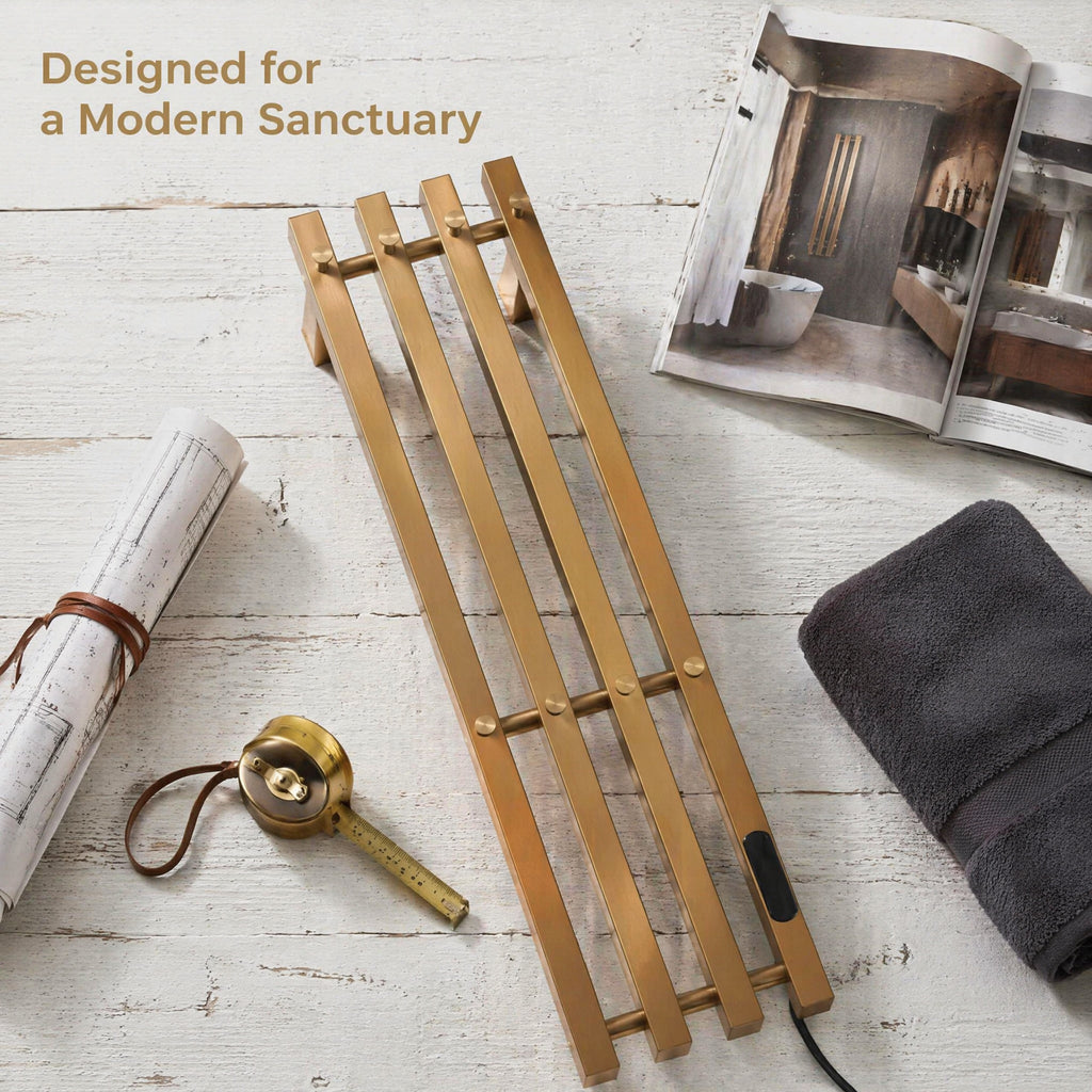 Luxury Brushed Gold Wall-Mounted Electric Heated Towel Rail - 4-Bar Stainless Steel with LED Touch Control
