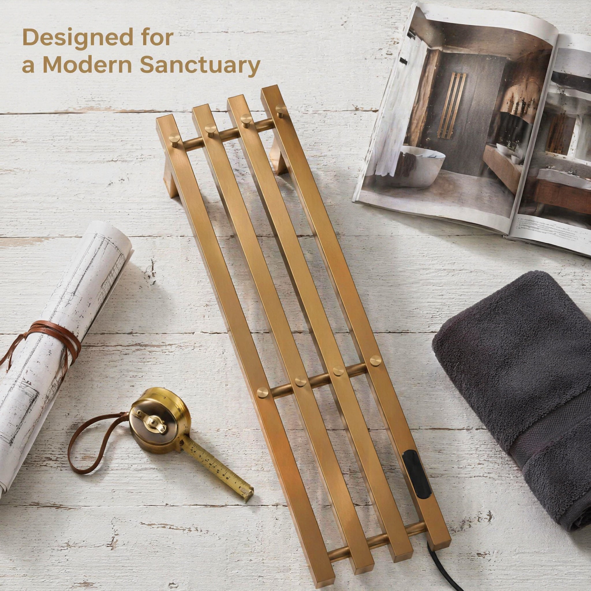 Luxury Brushed Gold Wall-Mounted Electric Heated Towel Rail - 4-Bar Stainless Steel with LED Touch Control