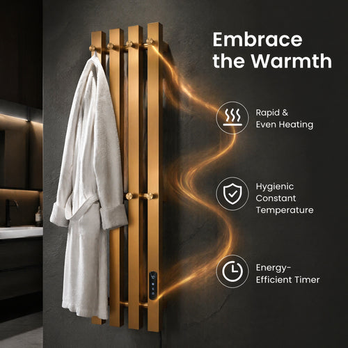 Luxury Brushed Gold Wall-Mounted Electric Heated Towel Rail - 4-Bar Stainless Steel with LED Touch Control
