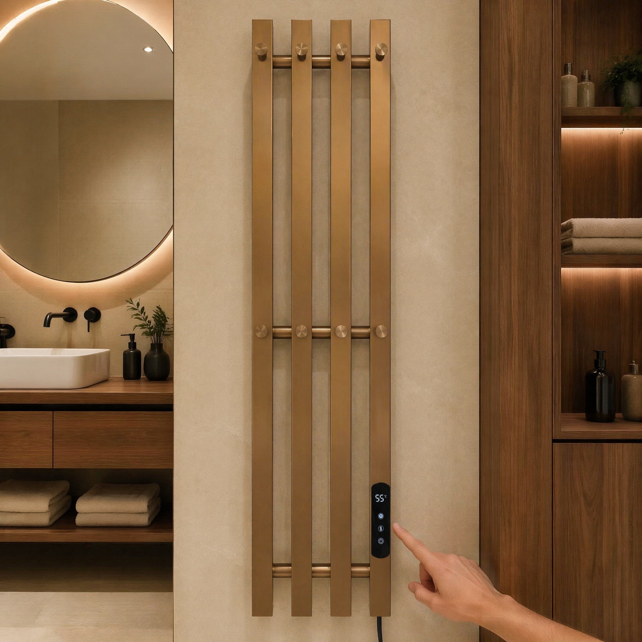 Luxury Brushed Gold Wall-Mounted Electric Heated Towel Rail - 4-Bar Stainless Steel with LED Touch Control